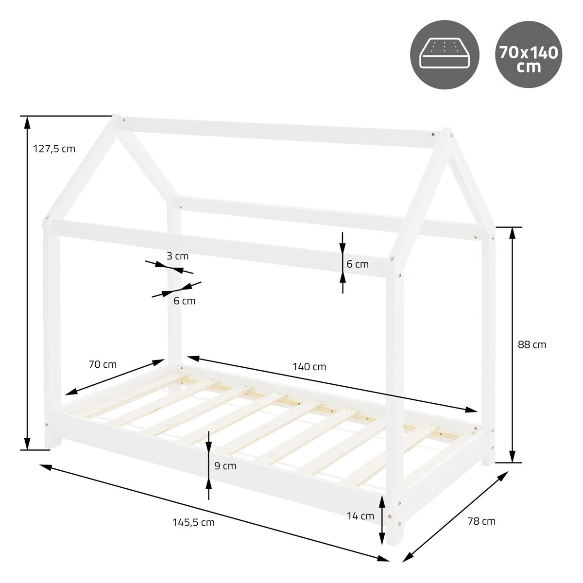 Maßzeichnung für ein Bettgestell in Hausform mit 70x140 cm.