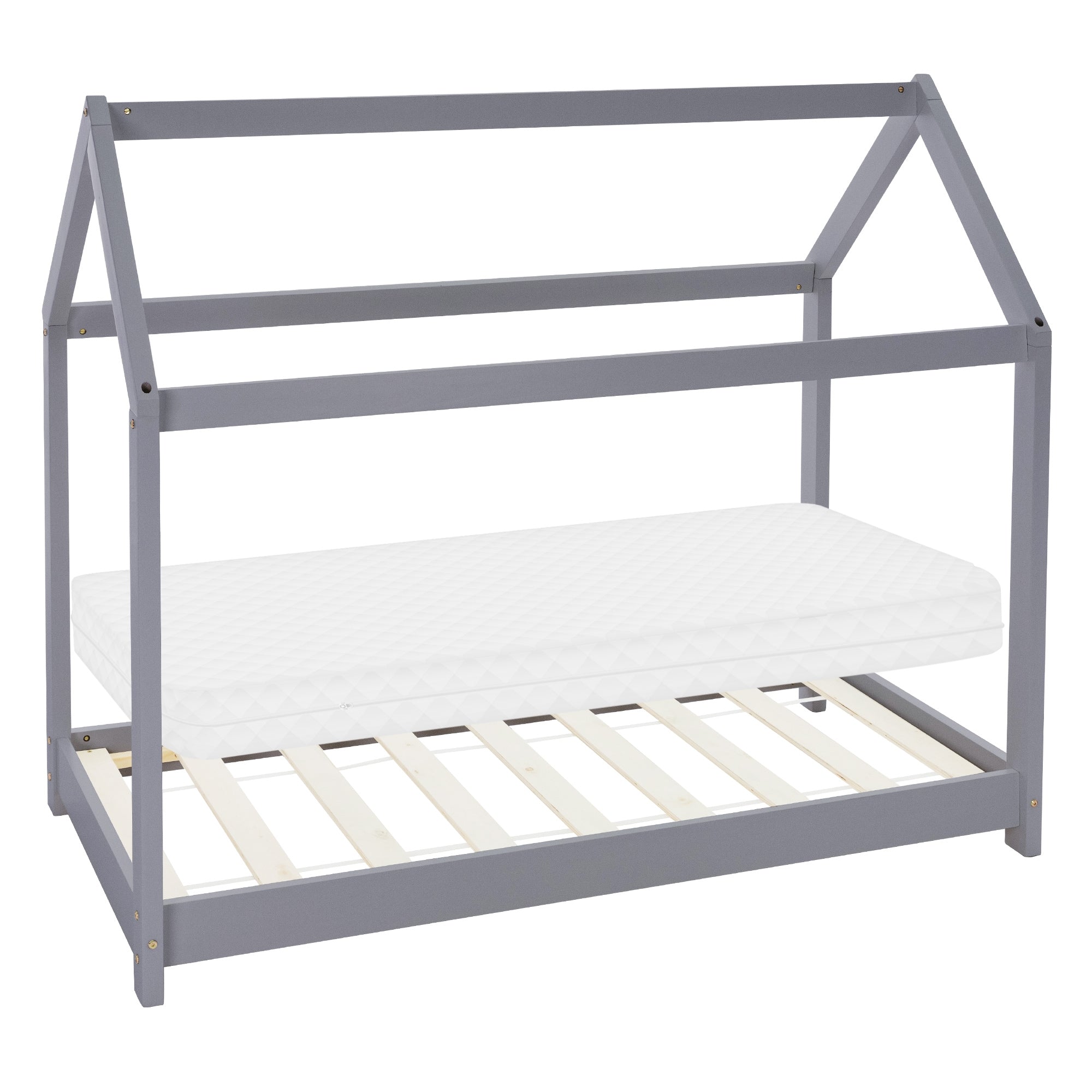 Bettgestell in Grau mit Matratze, Holzlatten und Dachform.