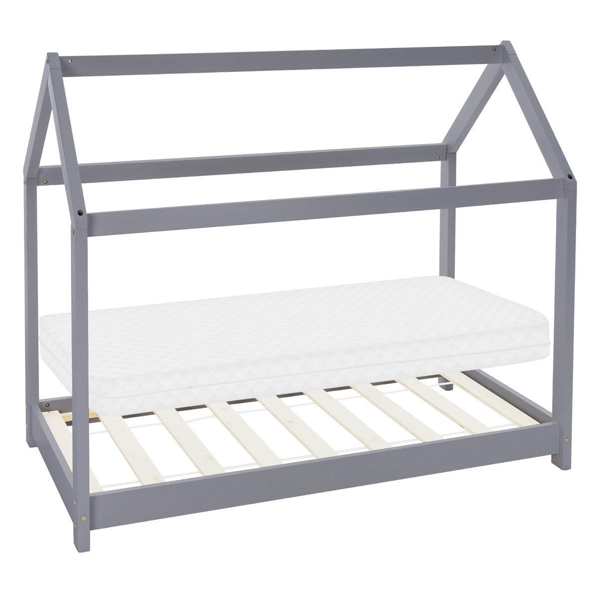 Bettgestell in Grau mit Matratze, Holzlatten und Dachform.