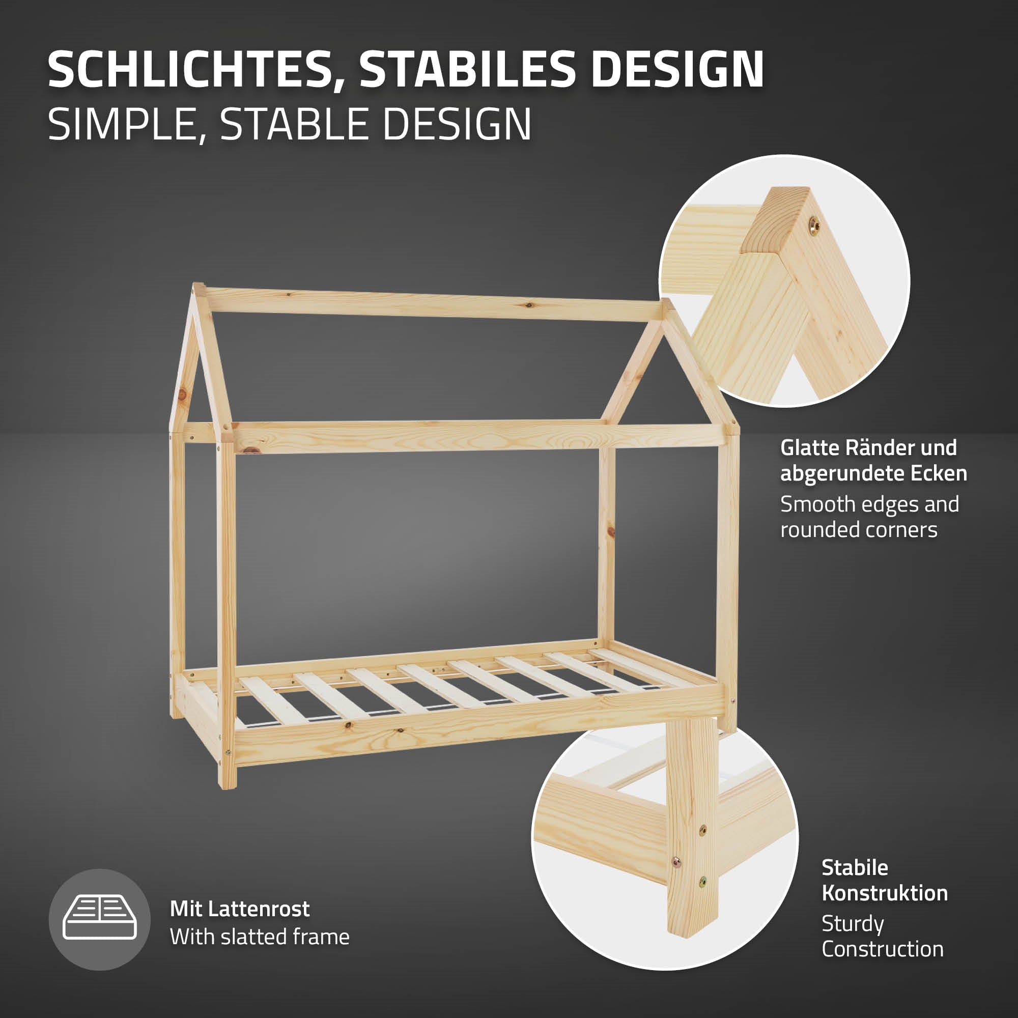 Holzrahmenbett mit stabiler Konstruktion, glatten Kanten und slatted frame.