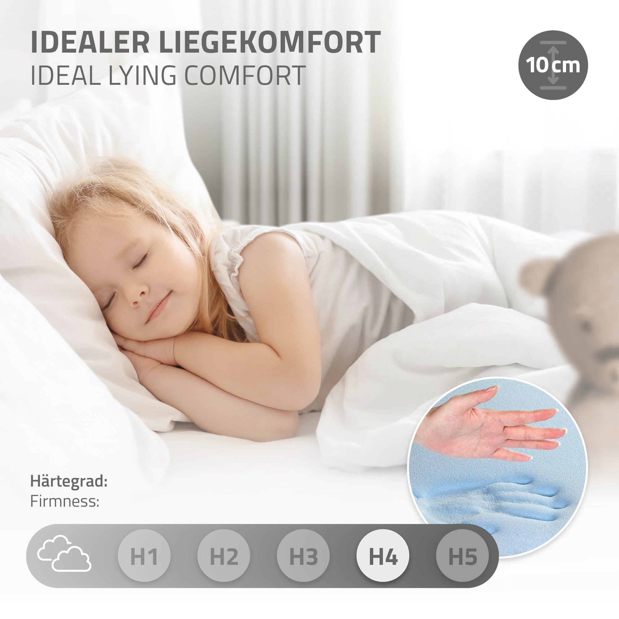 Kind schläft auf einer Matratze, Härtegrad H4, 10 cm hoch.