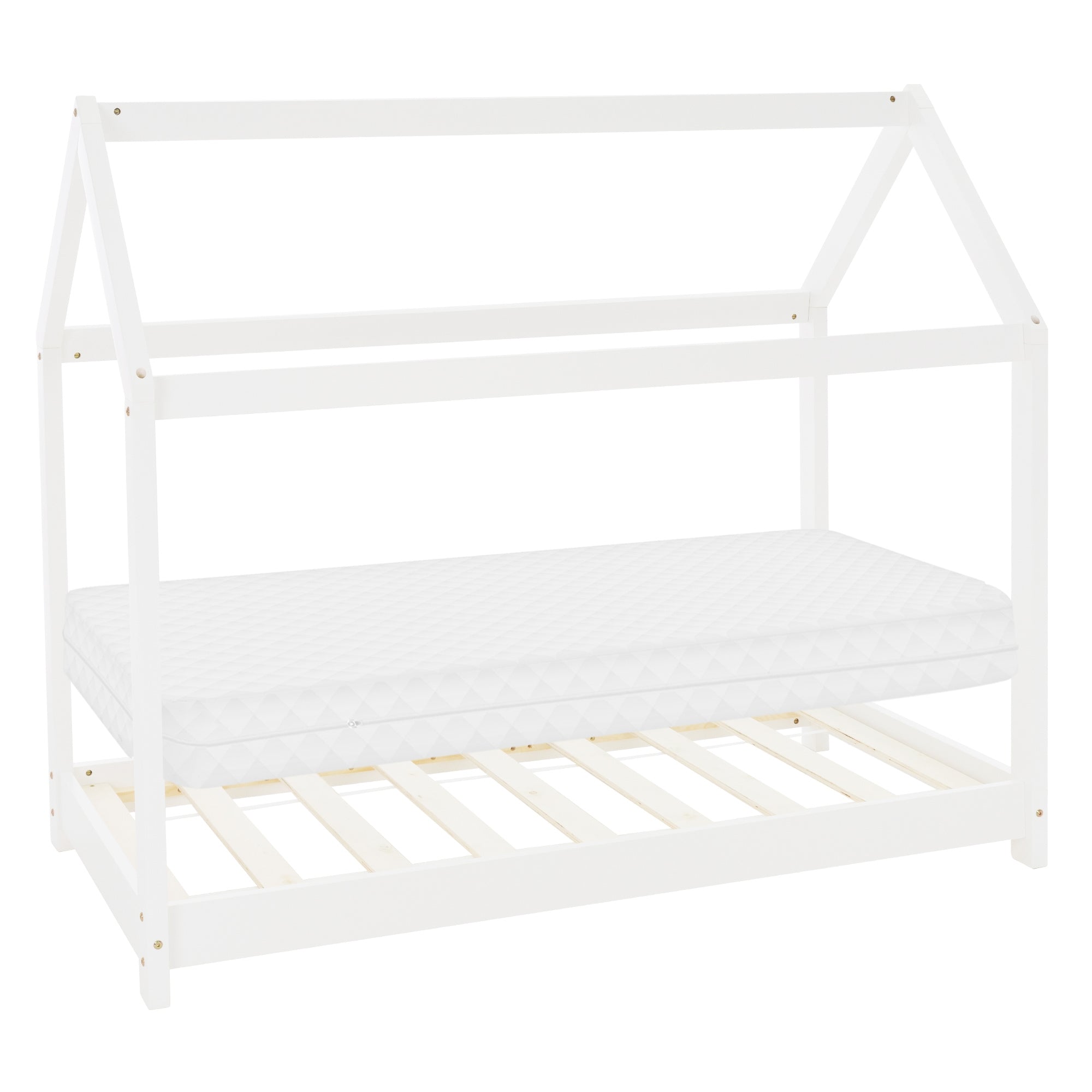 Ein weißes Kinderbett mit Matratze und slatted frame in einem hellen Raum.