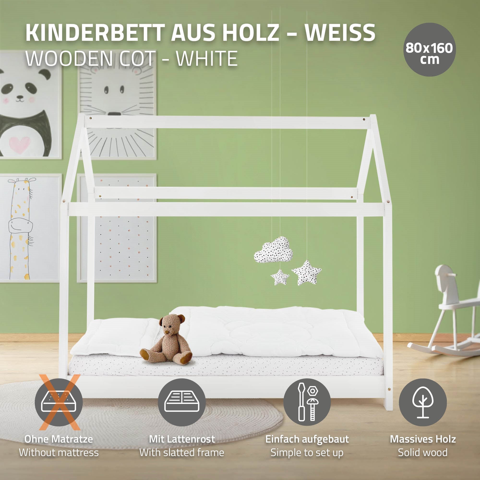 Holz-Kinderbett in weiß, 80x160 cm, ohne Matratze, mit Lattenrost.
