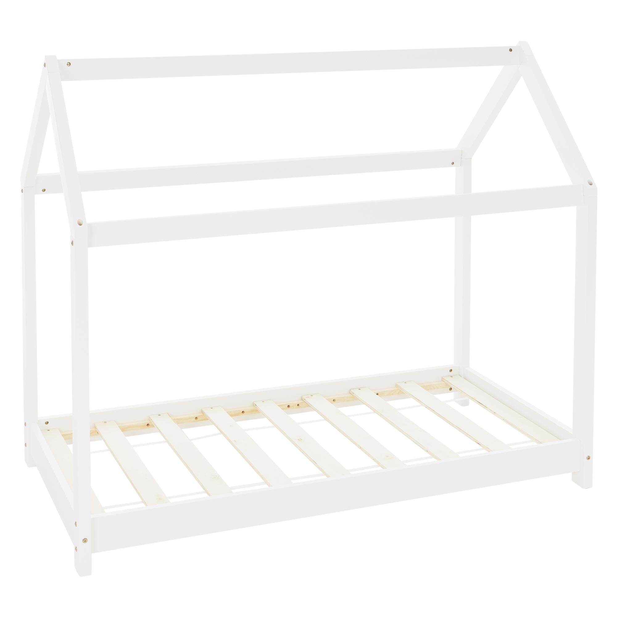 Weißes Kinderbett mit Dachstruktur und slatted frame.