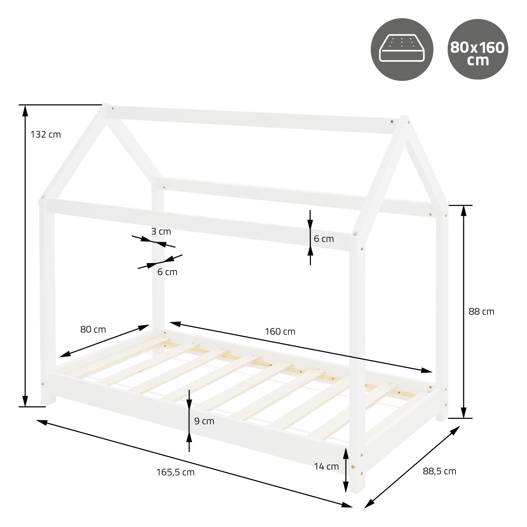 Maßzeichnung eines weißen Kinderbetts mit Abmessungen in cm.