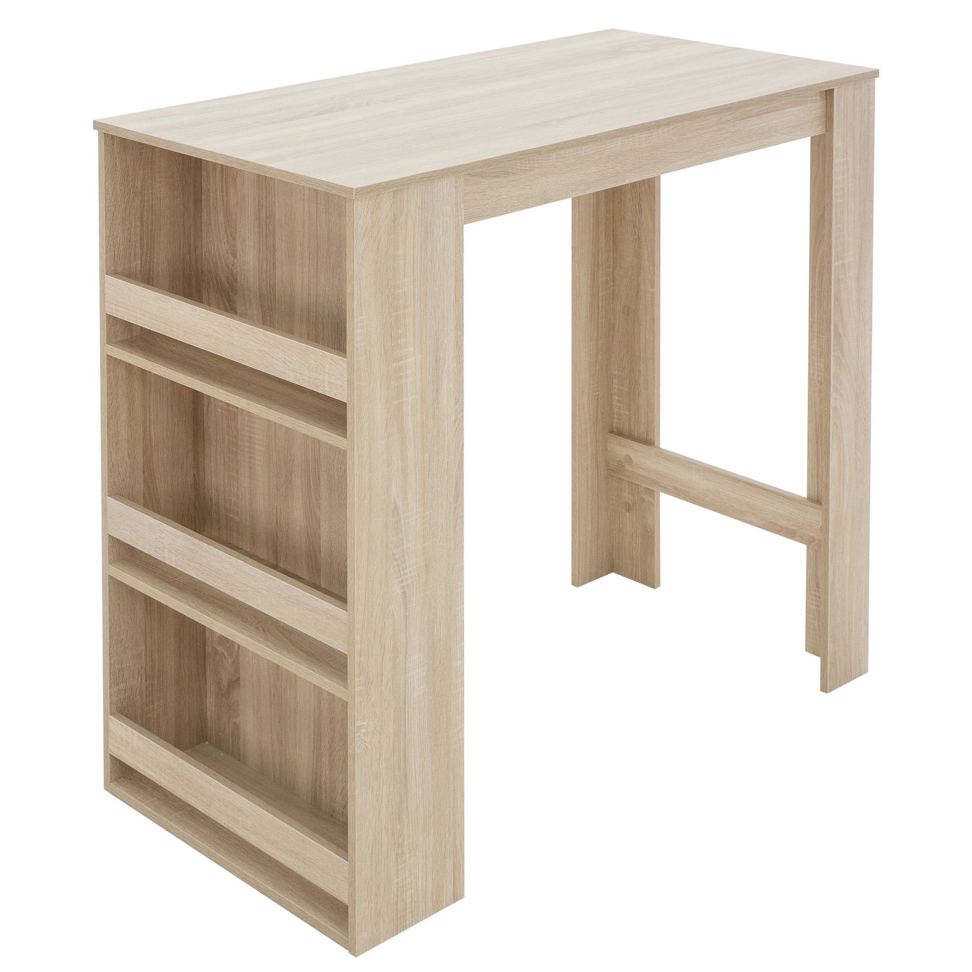 Holzfarbener Schreibtisch mit offenen Regalen auf der linken Seite.