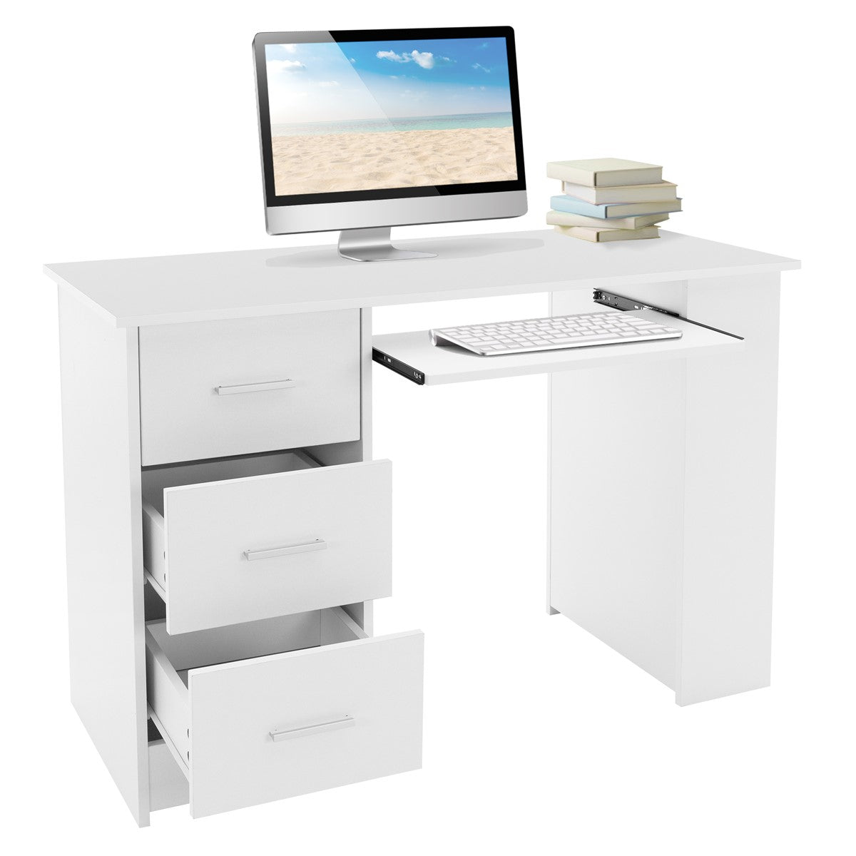 White desk with a monitor, keyboard, and books on the surface.