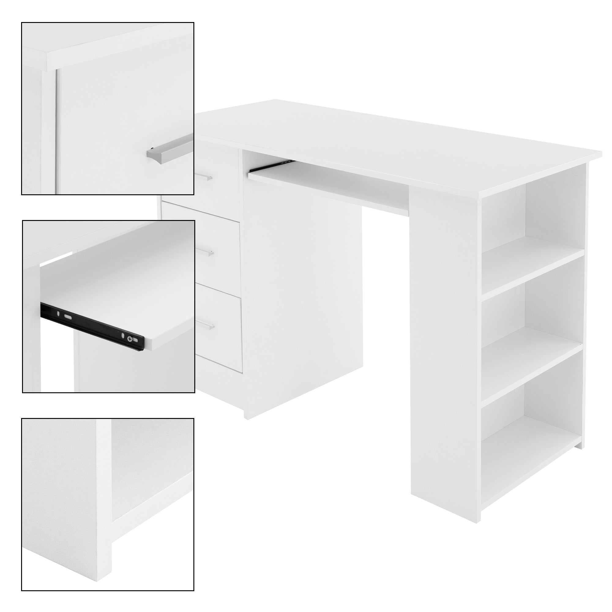 Weißer Schreibtisch mit Schubladen und Regalen, verschiedene Ansichten.