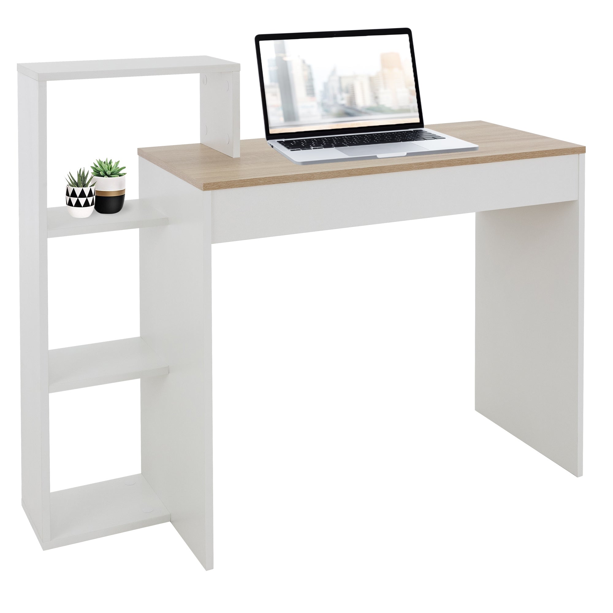 Weißer Schreibtisch mit Holzplatte, Laptop und zwei Pflanzen auf dem Regal.