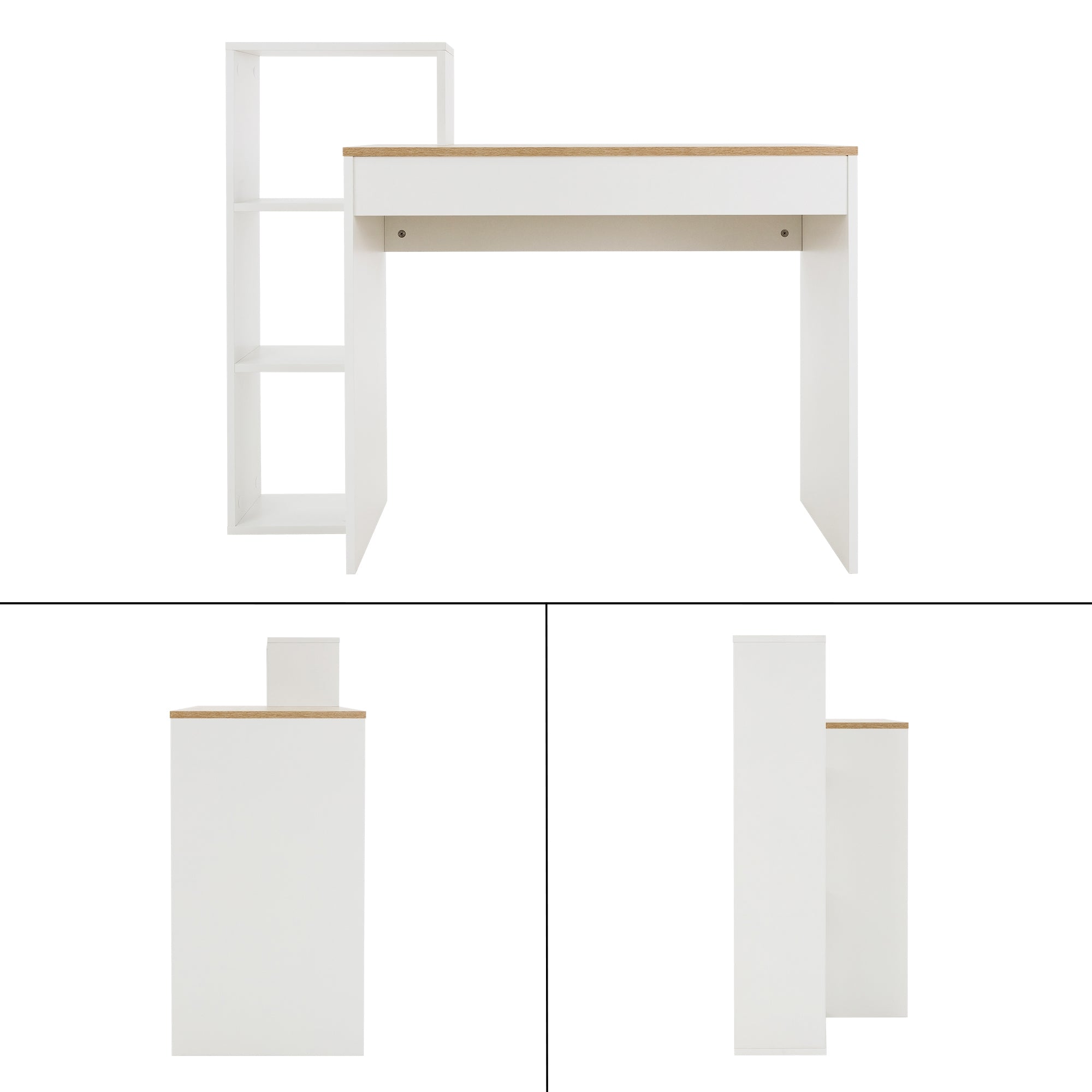 Weißer Schreibtisch mit Holzplatte und Regalfächern.