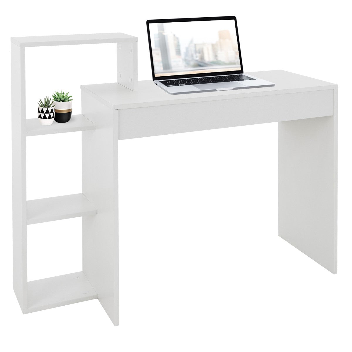 White desk with a laptop and two plants on the left-hand side.