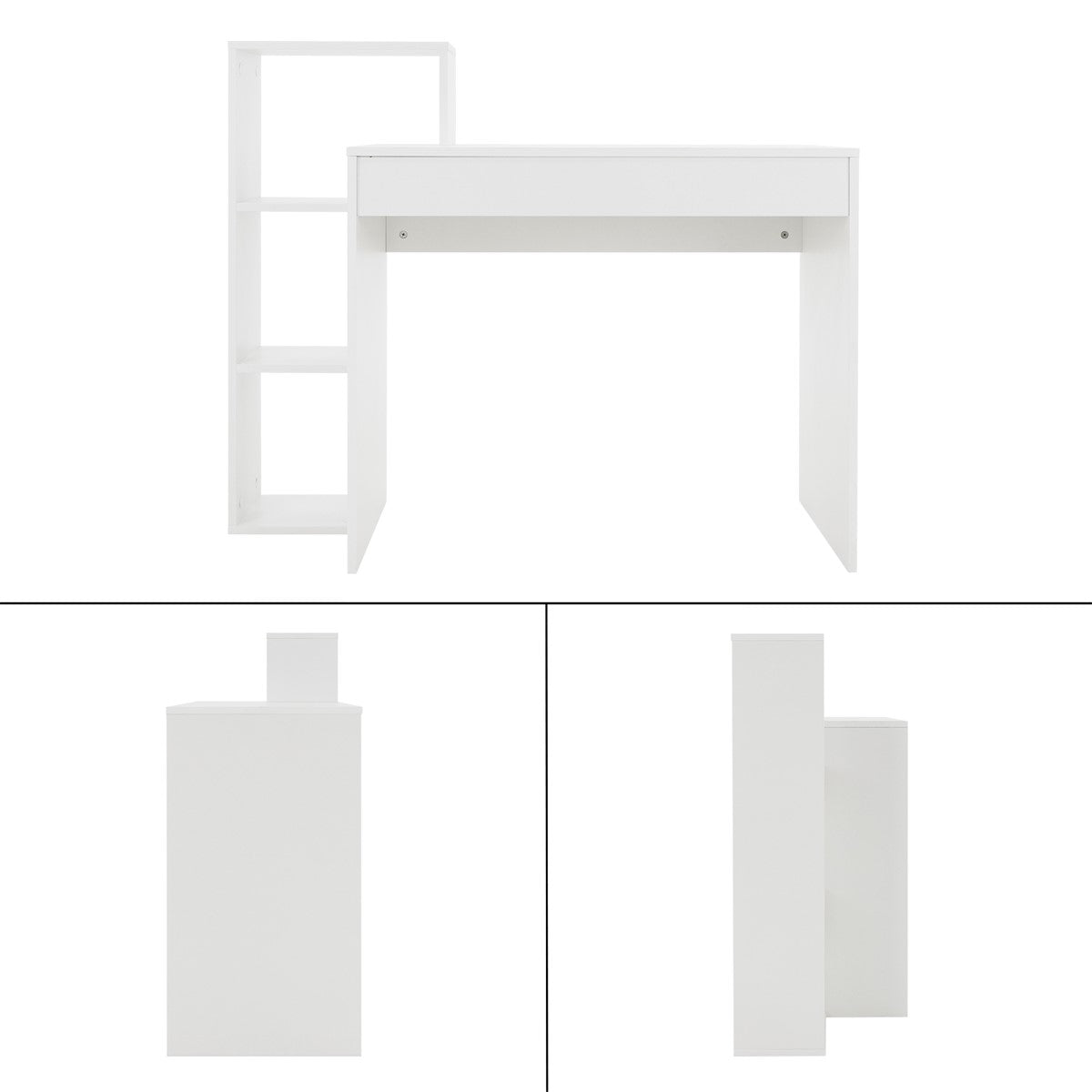 Wit bureau met een lade en een plank aan de linkerkant.