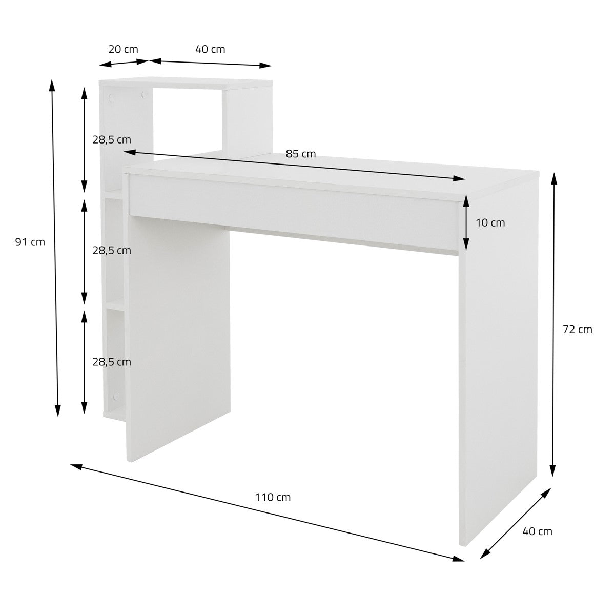 Maattekening van een bureau met gedetailleerde afmetingen.