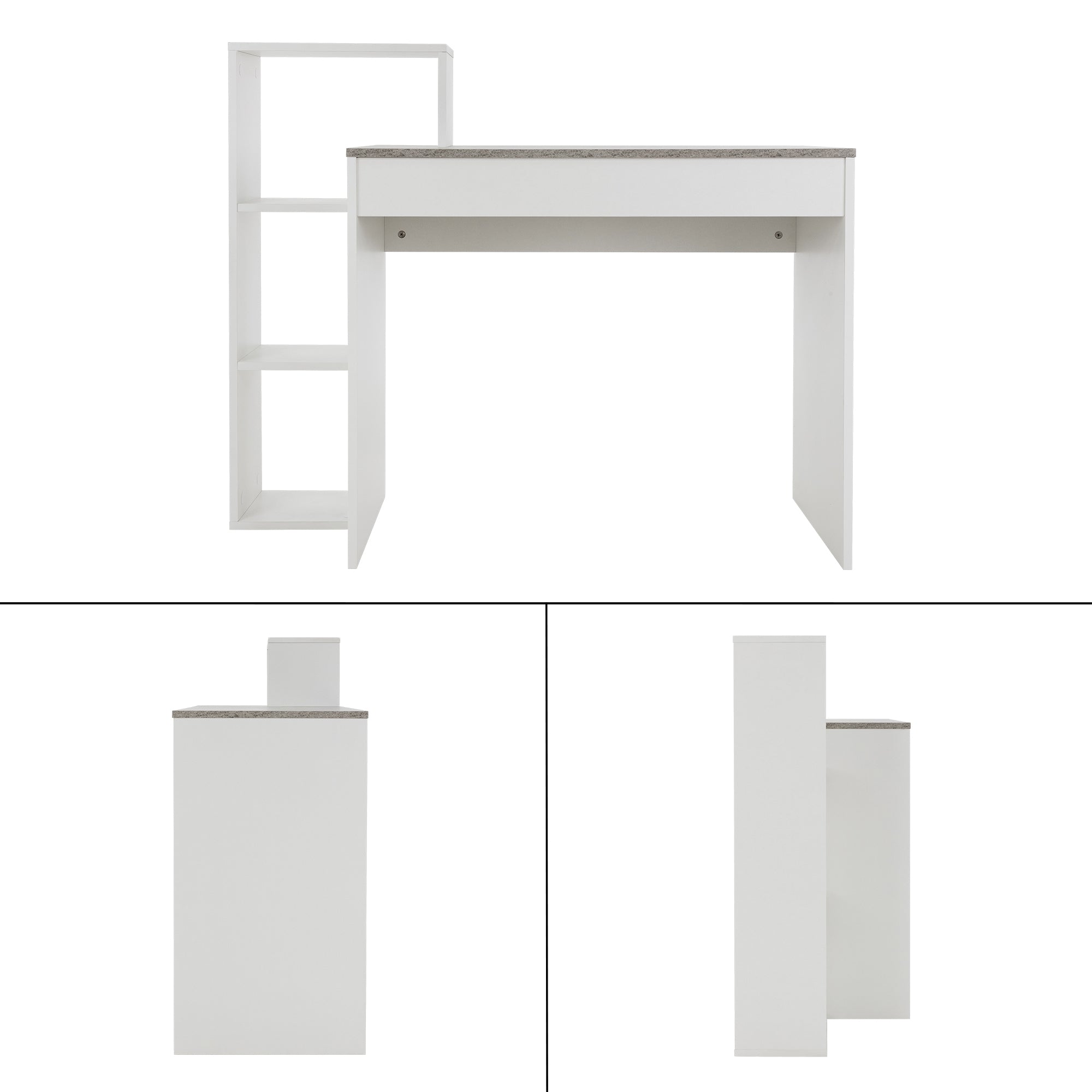 Weißer Schreibtisch mit grauer Ablage und seitlichem Regal.