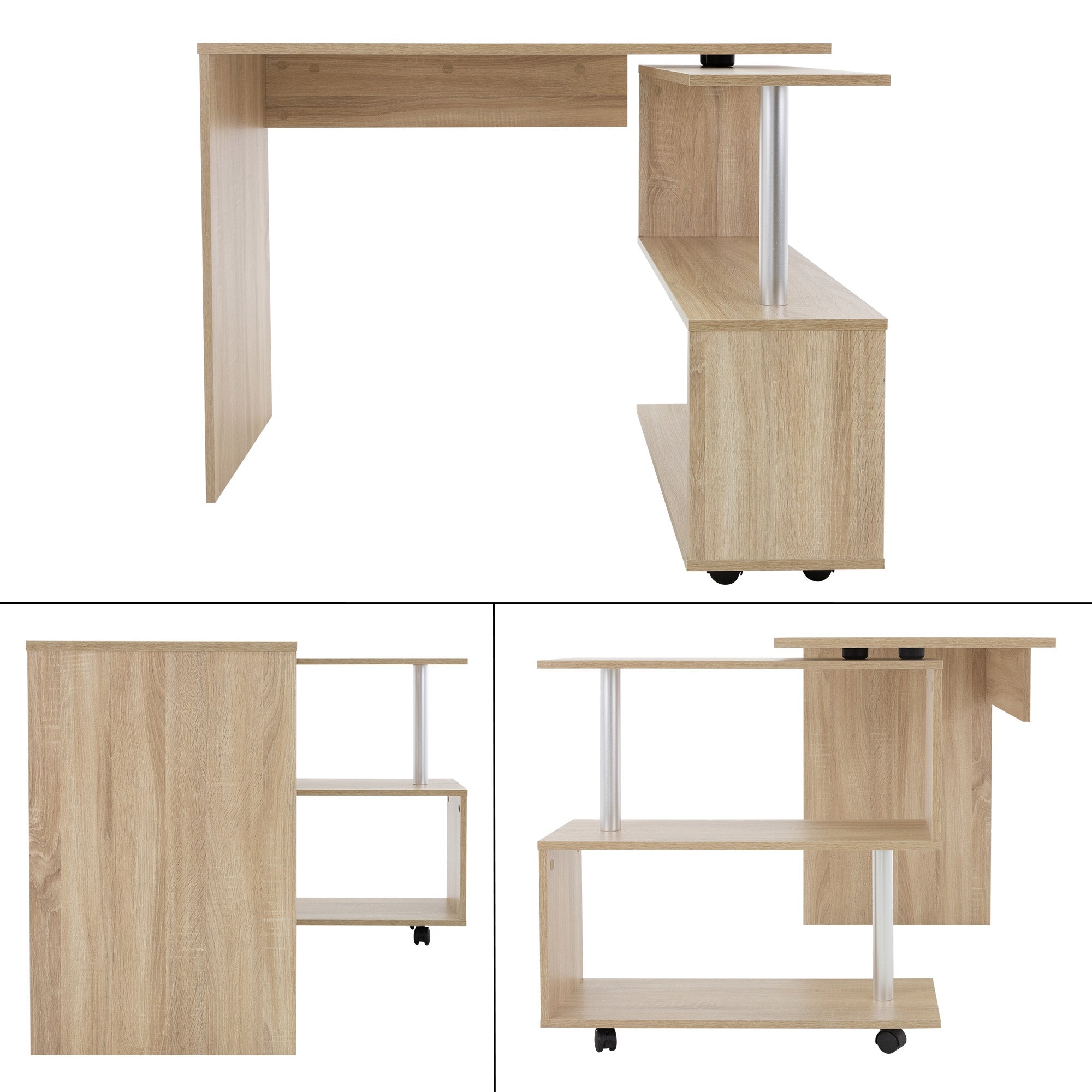 Holzschreibtisch mit seitlichem Regal und einer Ablagefläche.