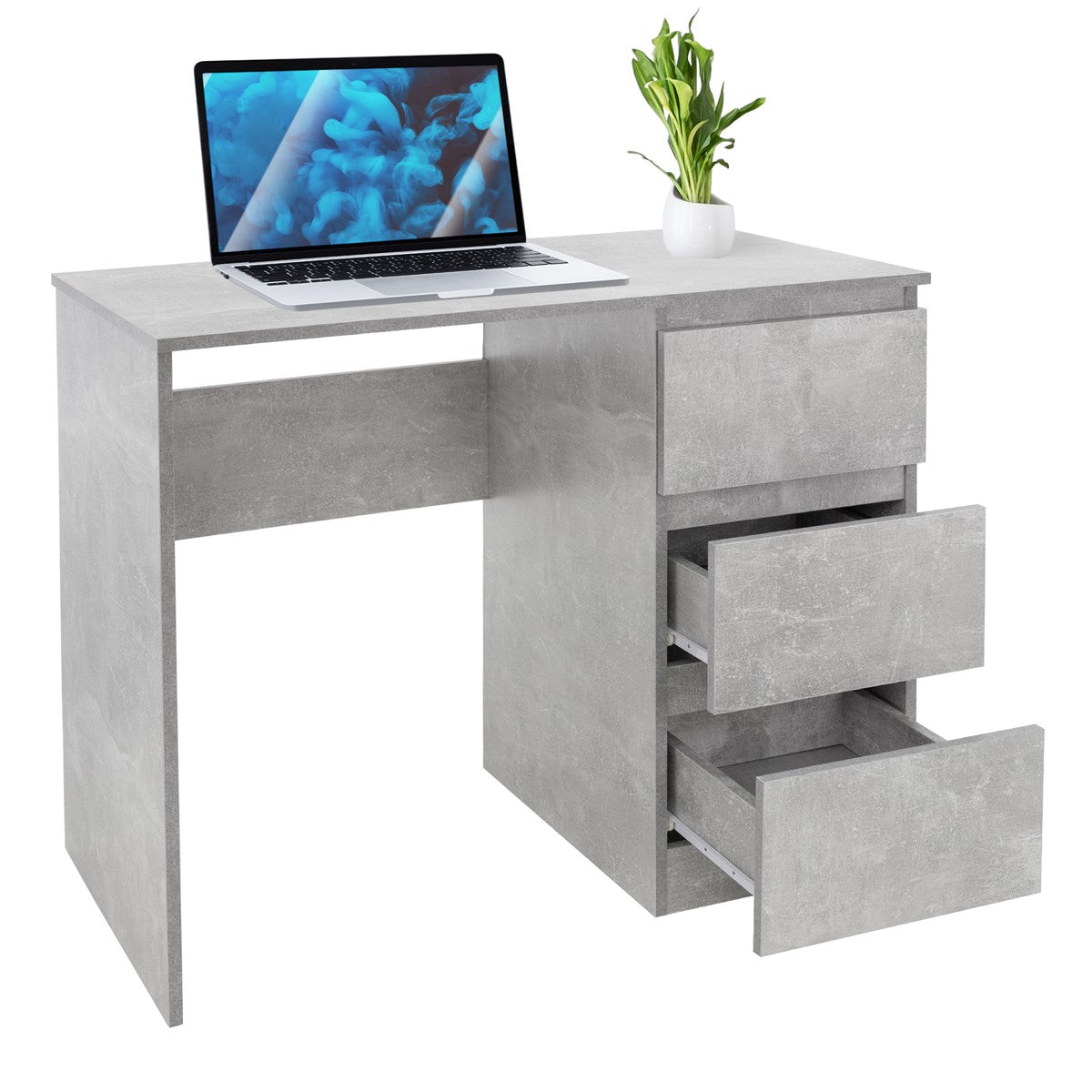 Schreibtisch mit Laptop, Pflanze und Schubladen in grauem Design.