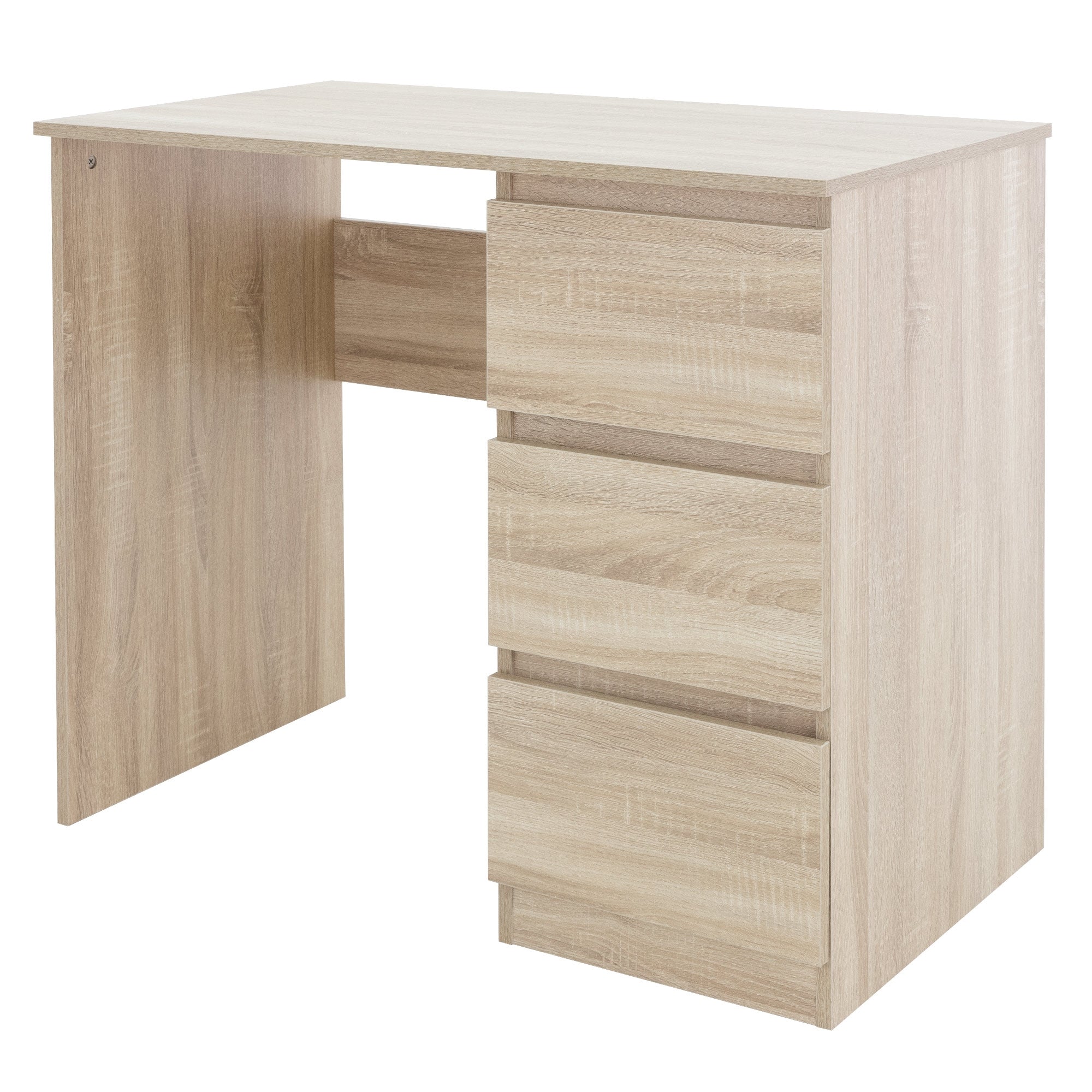 Holzschreibtisch mit drei Schubladen in heller Holzoptik.