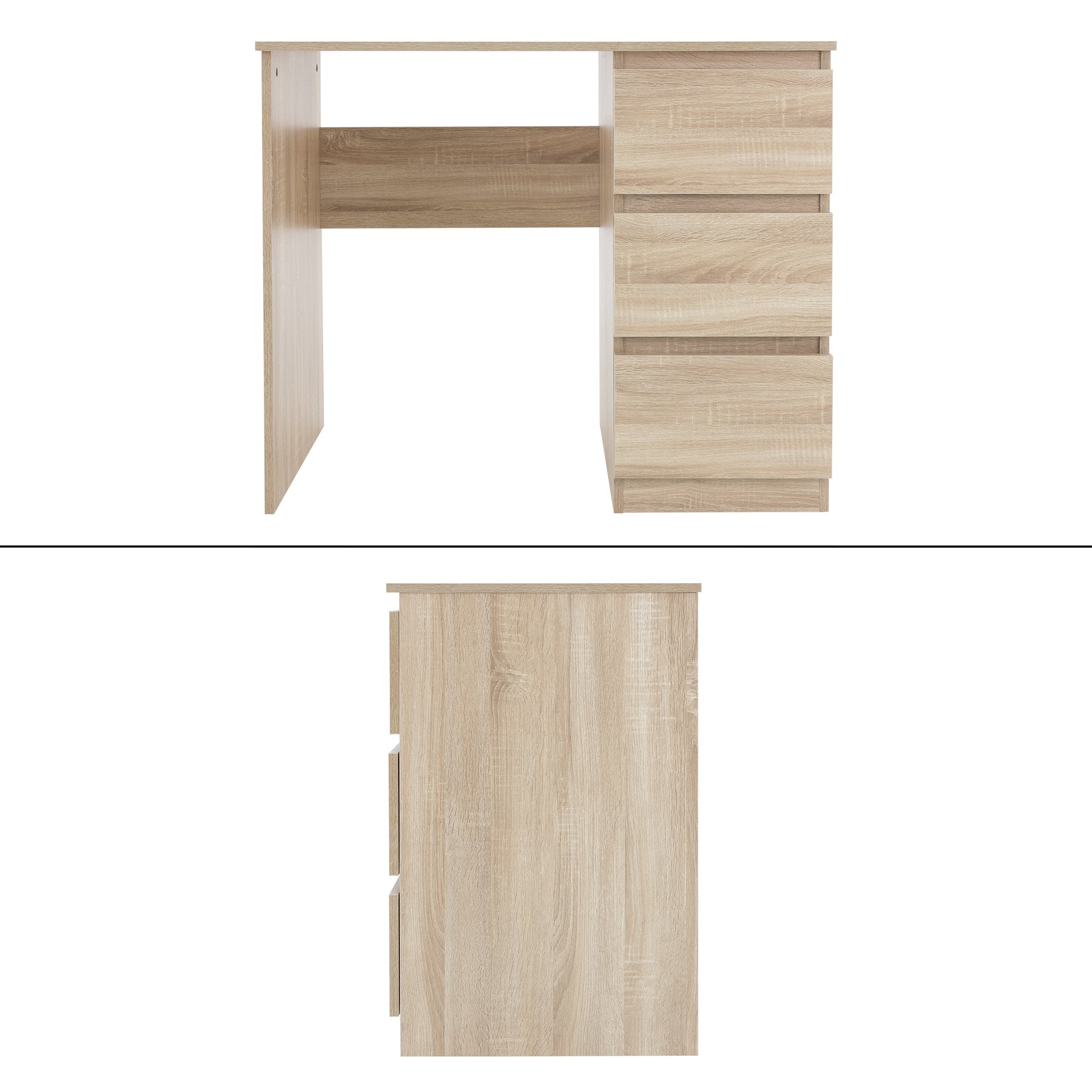 Holztisch mit drei Schubladen und offener Rückseite.