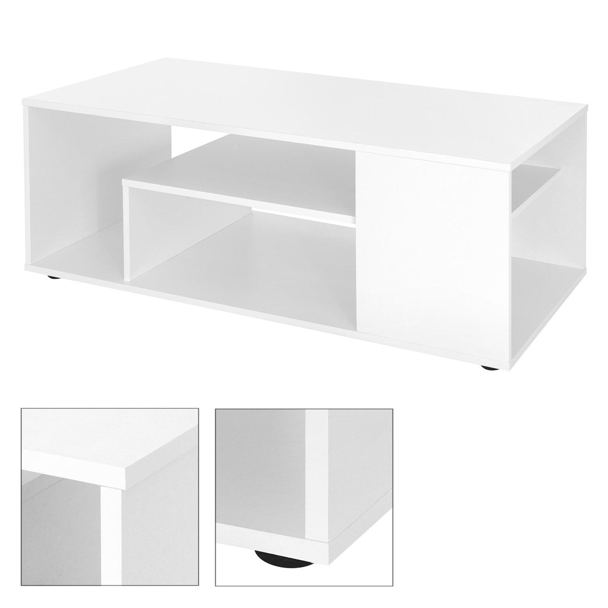 Mesa de centro branca com compartimentos abertos e uma prateleira adicional.