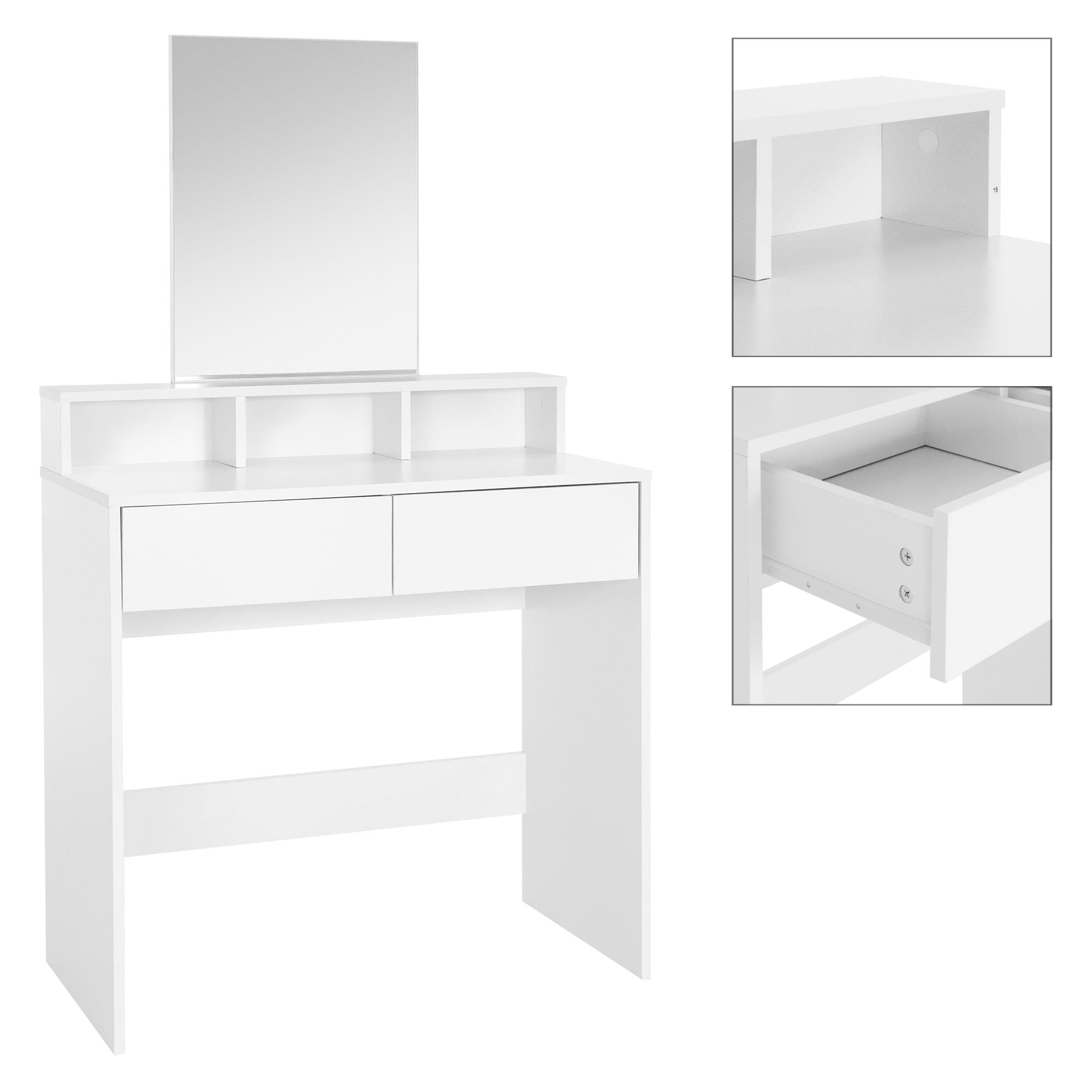 Vanity with mirror and open drawers.