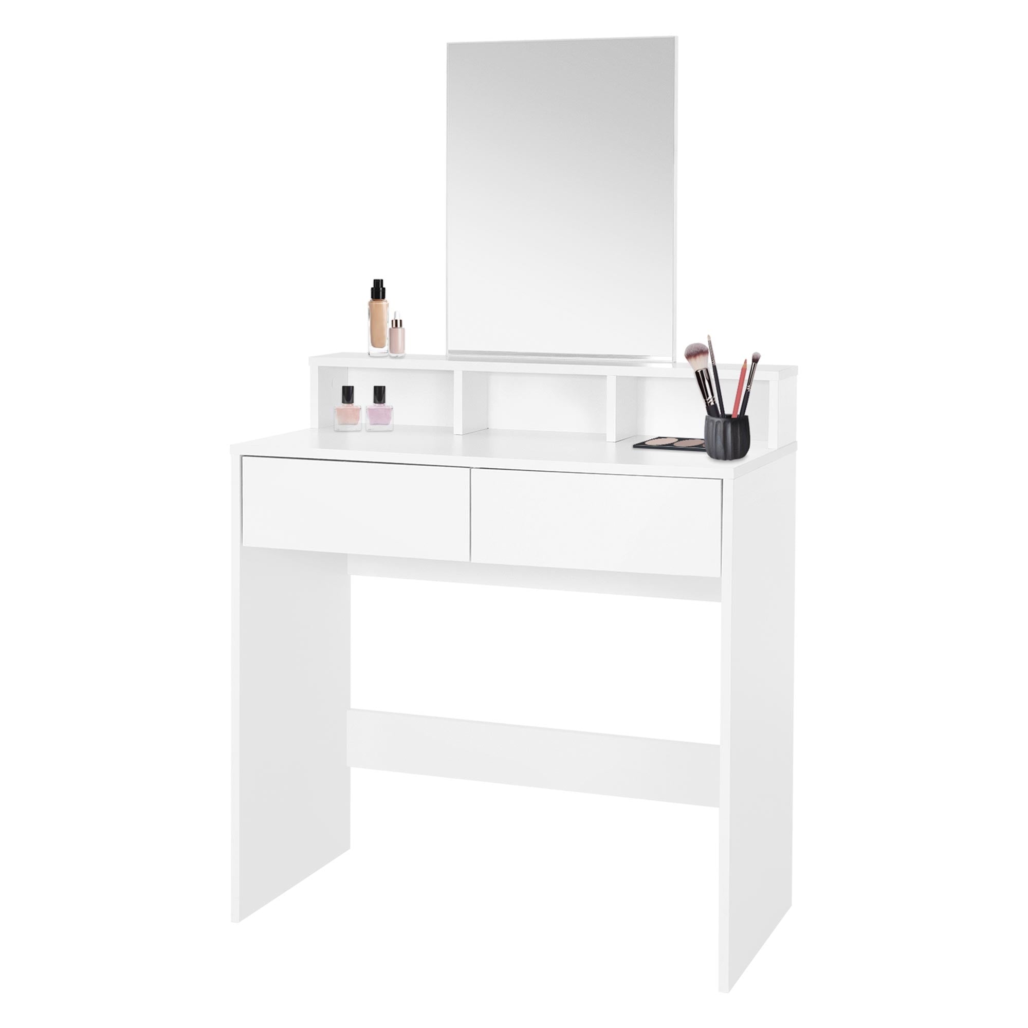 White dressing table with mirror and cosmetics.