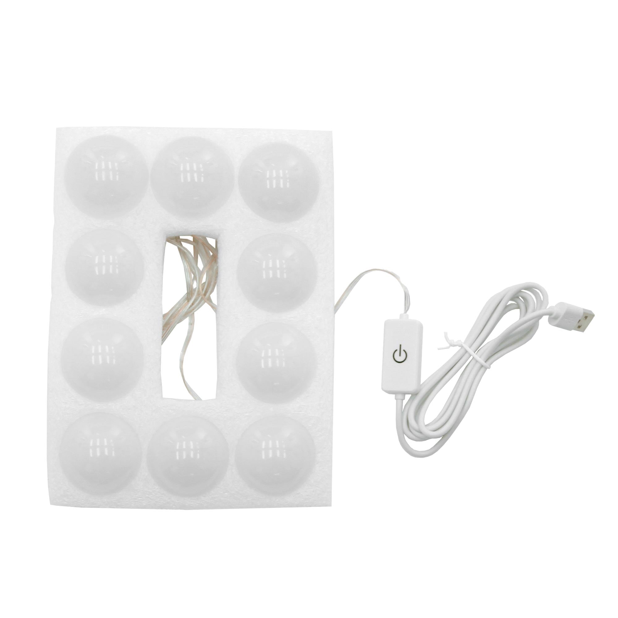 Verpackung mit zehn weißen LED-Lichtern und einem Kabel mit Schalter.