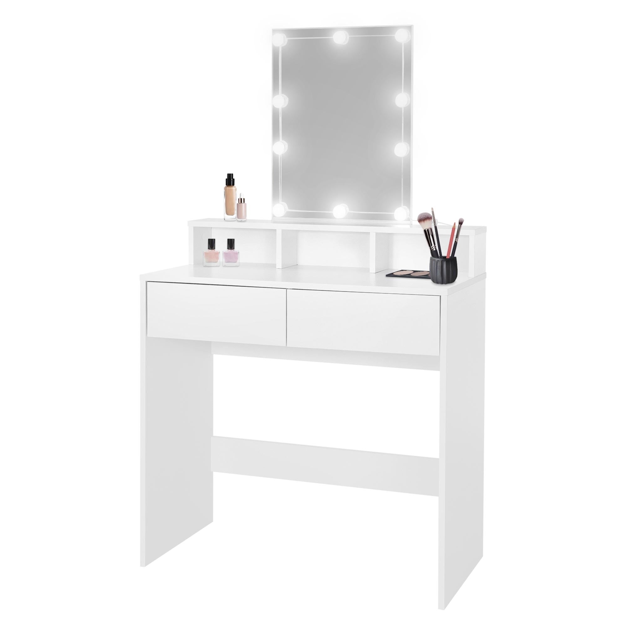 White dressing table with illuminated mirror and cosmetics.