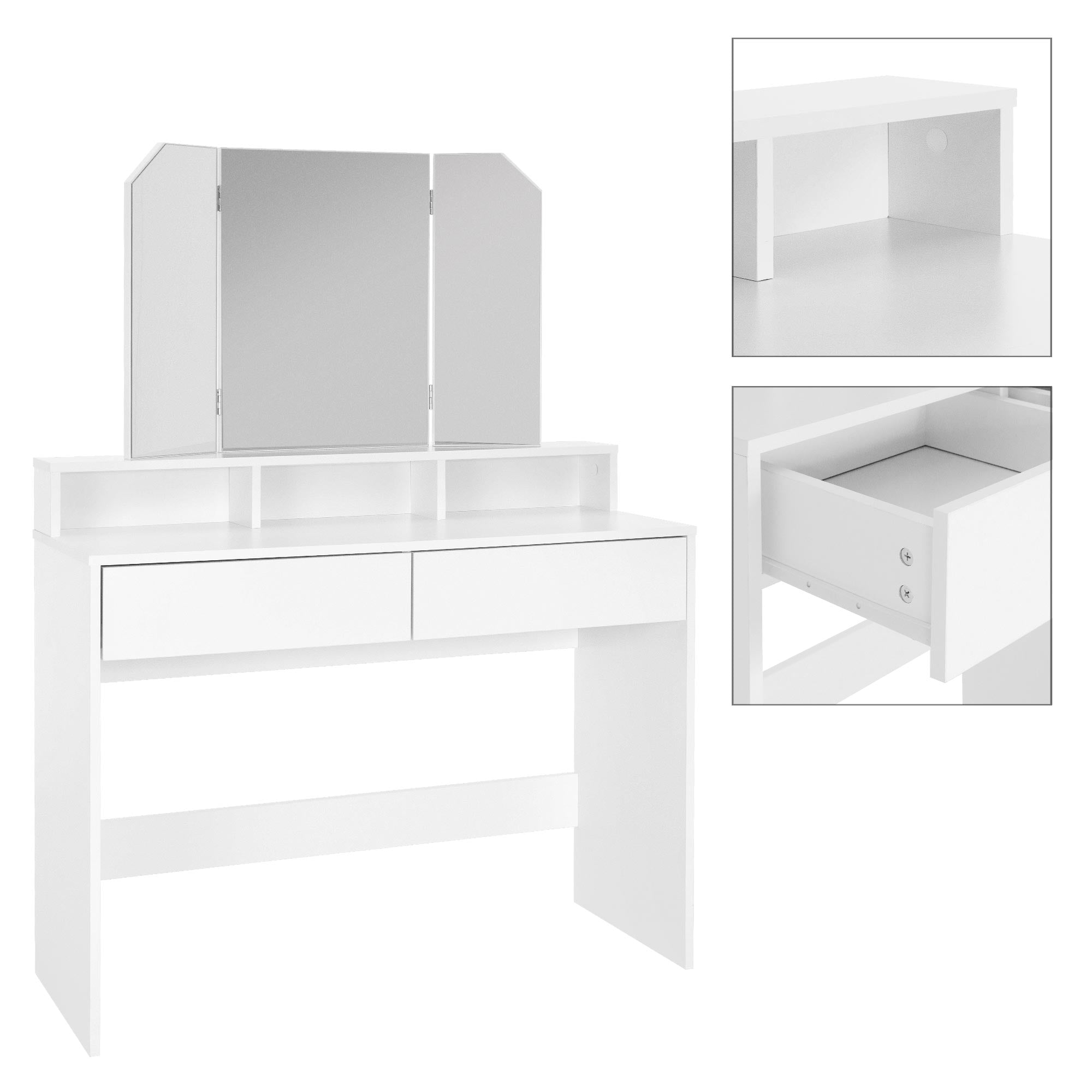 White vanity table with three mirrors and two drawers.