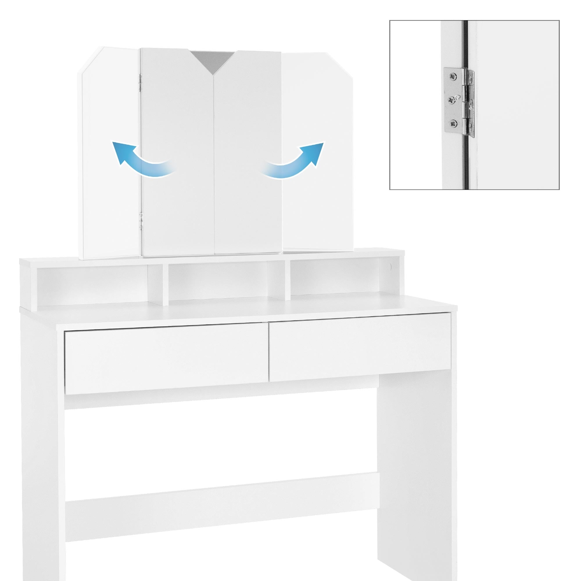 White vanity table with a foldable mirror and two drawers.