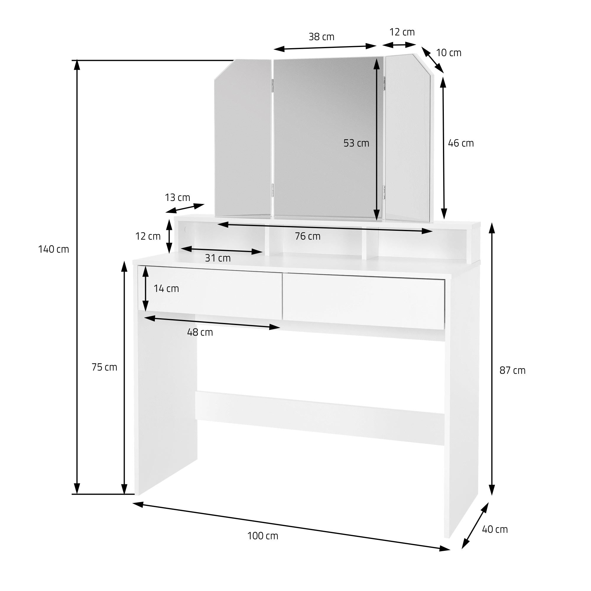 Dimension drawing of a vanity table with mirror and drawer.
