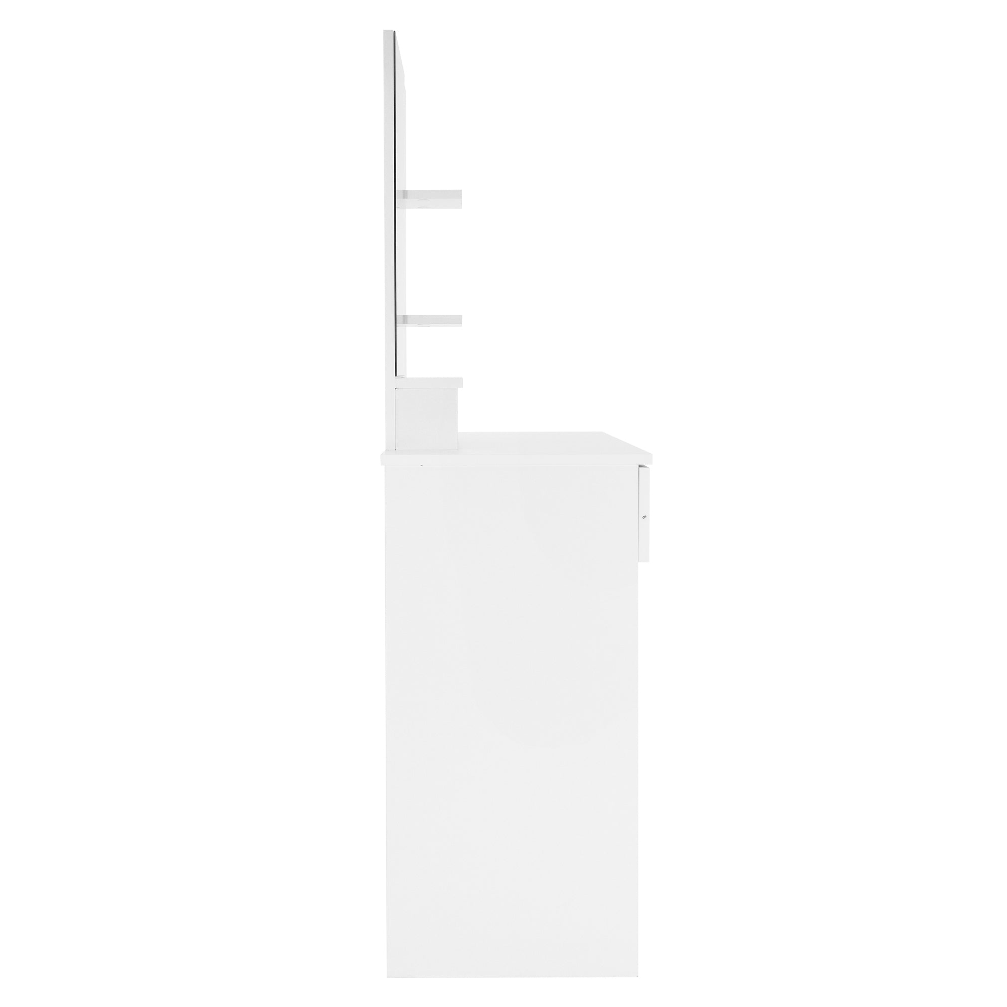 White cabinet with a side view, one drawer and shelf.