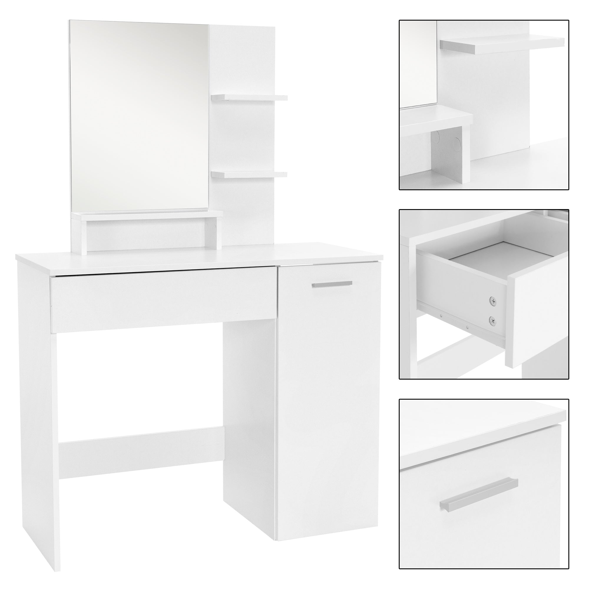 Dressing table with a mirror, drawer, and shelf.
