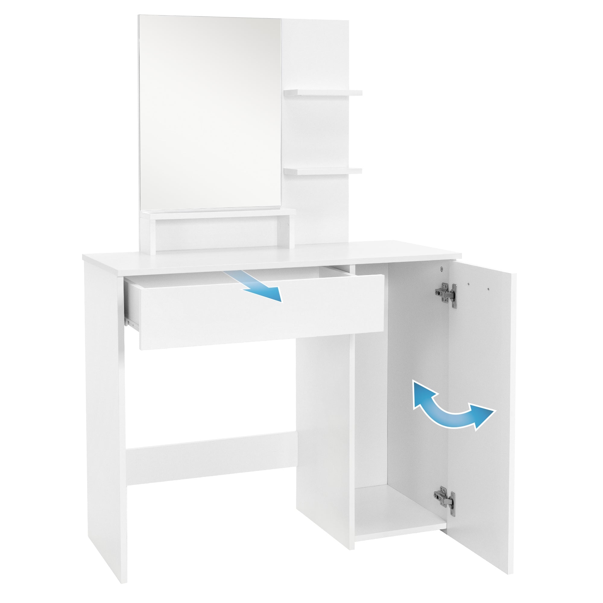 Vanity with mirror, drawer, and two open compartments.