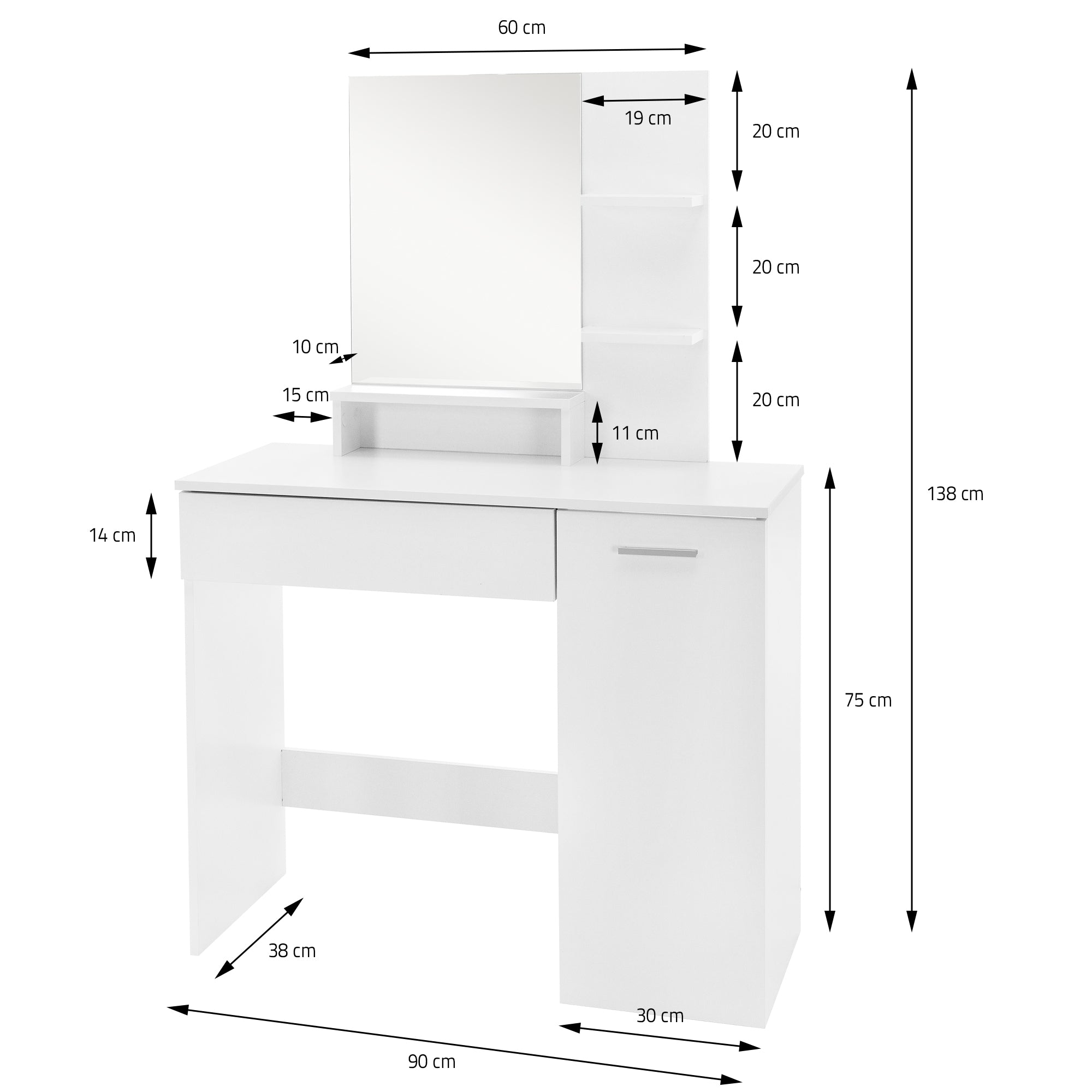 Dimension drawing of a white dressing table with a mirror and shelves.