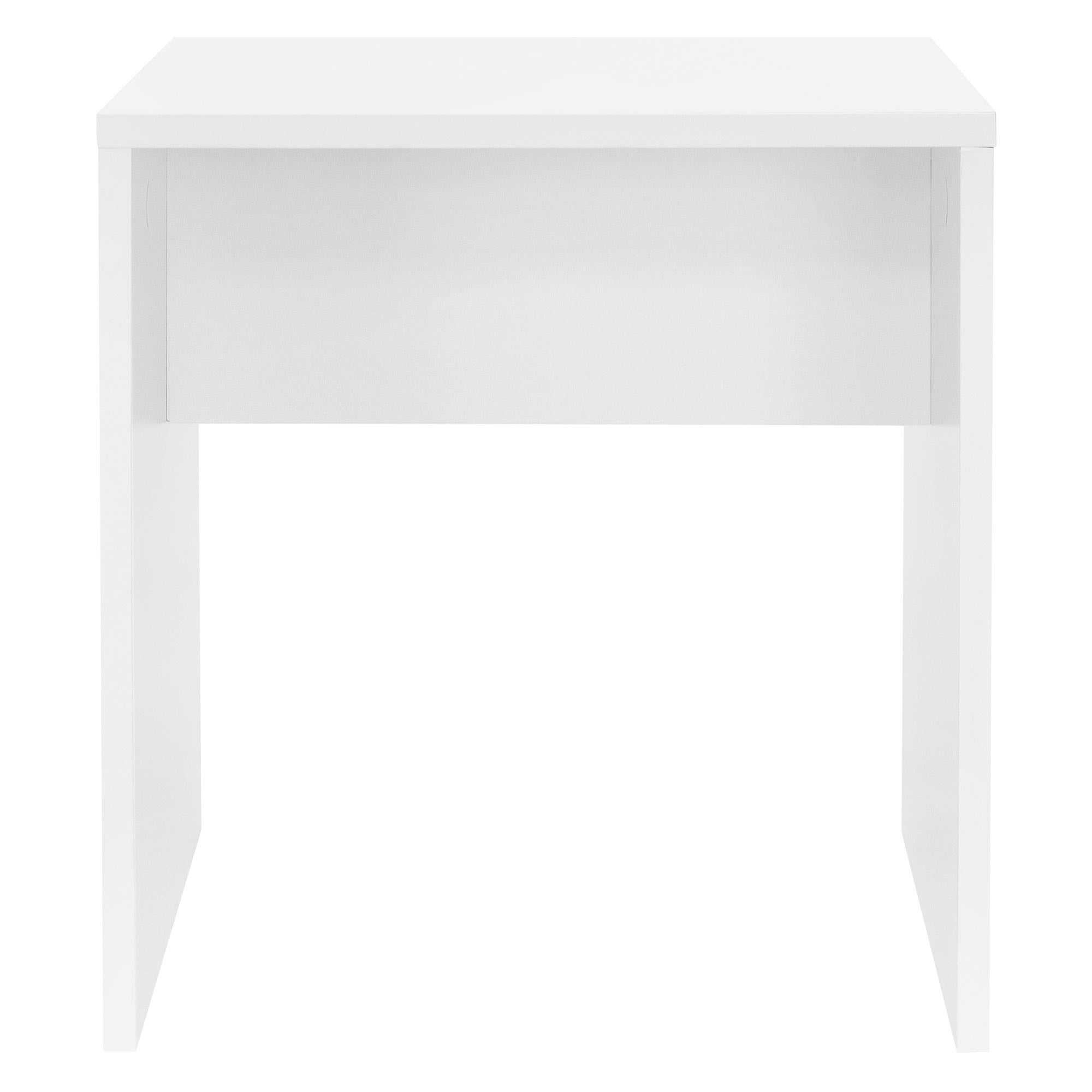 Weißer Tisch mit zwei Beinen, ohne Schublade, frontal aufgenommen.