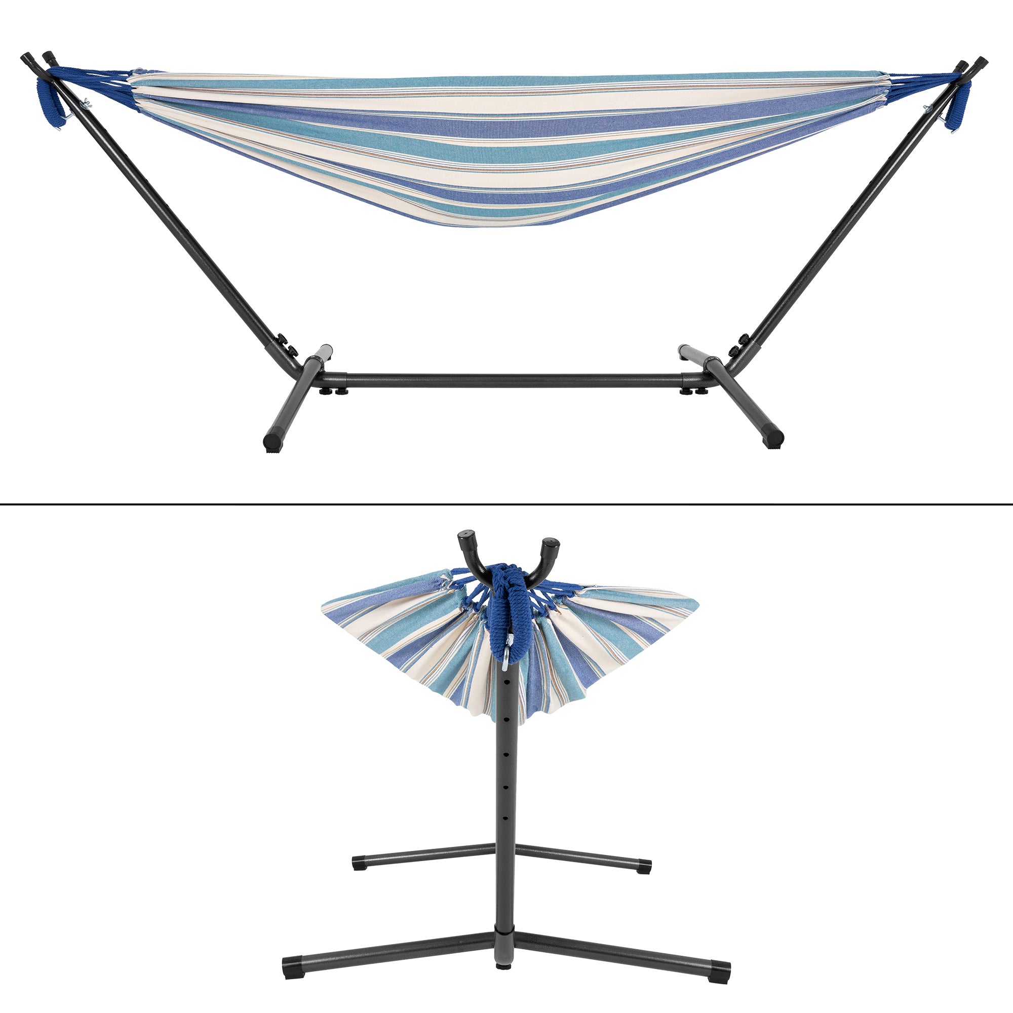 Hamac en bleu et blanc, monté sur un support.