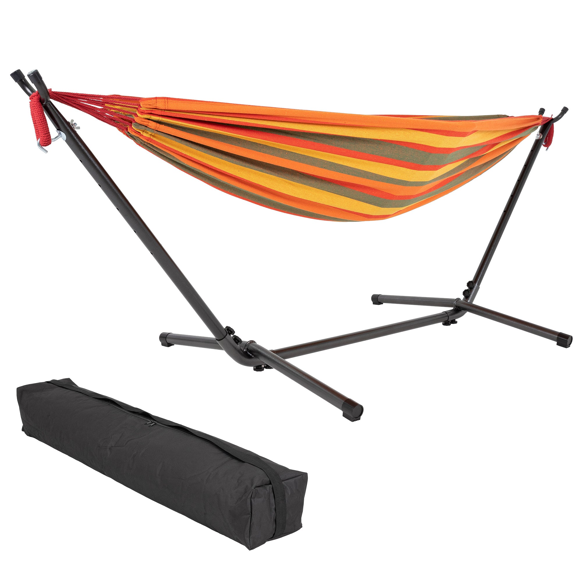 Hammock in orange and green with frame and carrying bag.