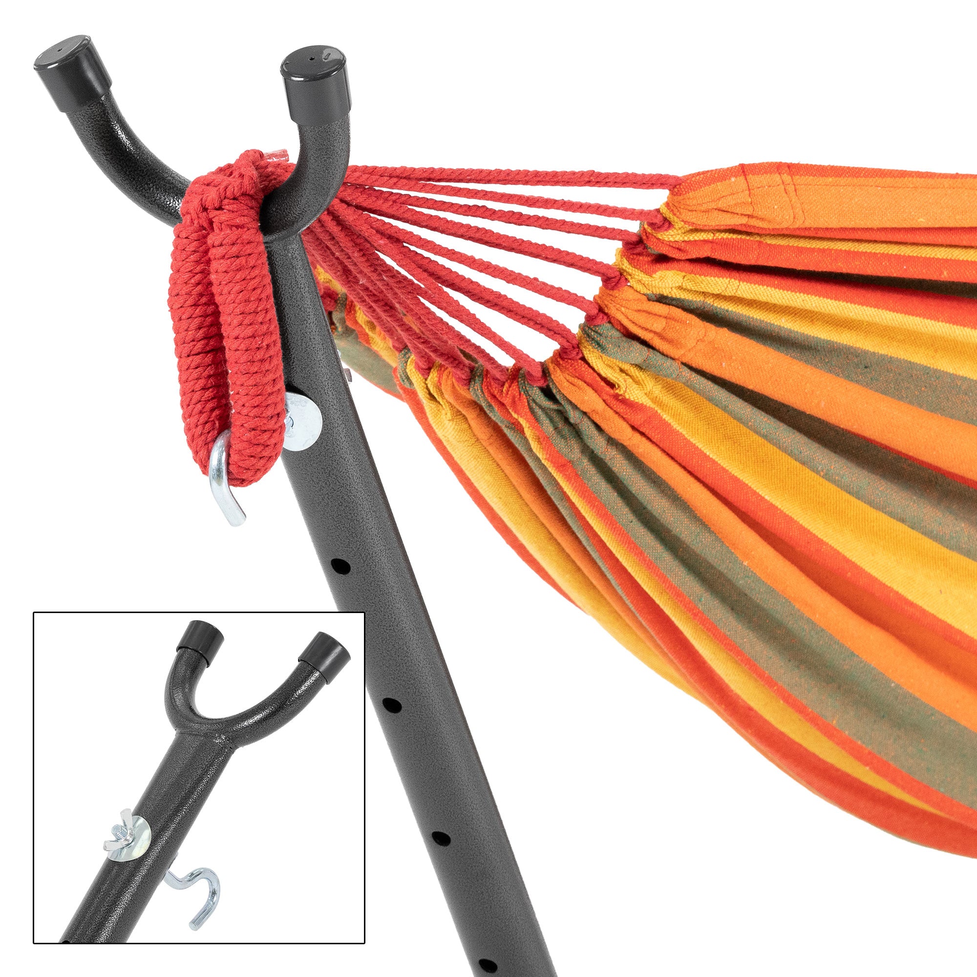 Hammock in orange and yellow, attached to a frame.