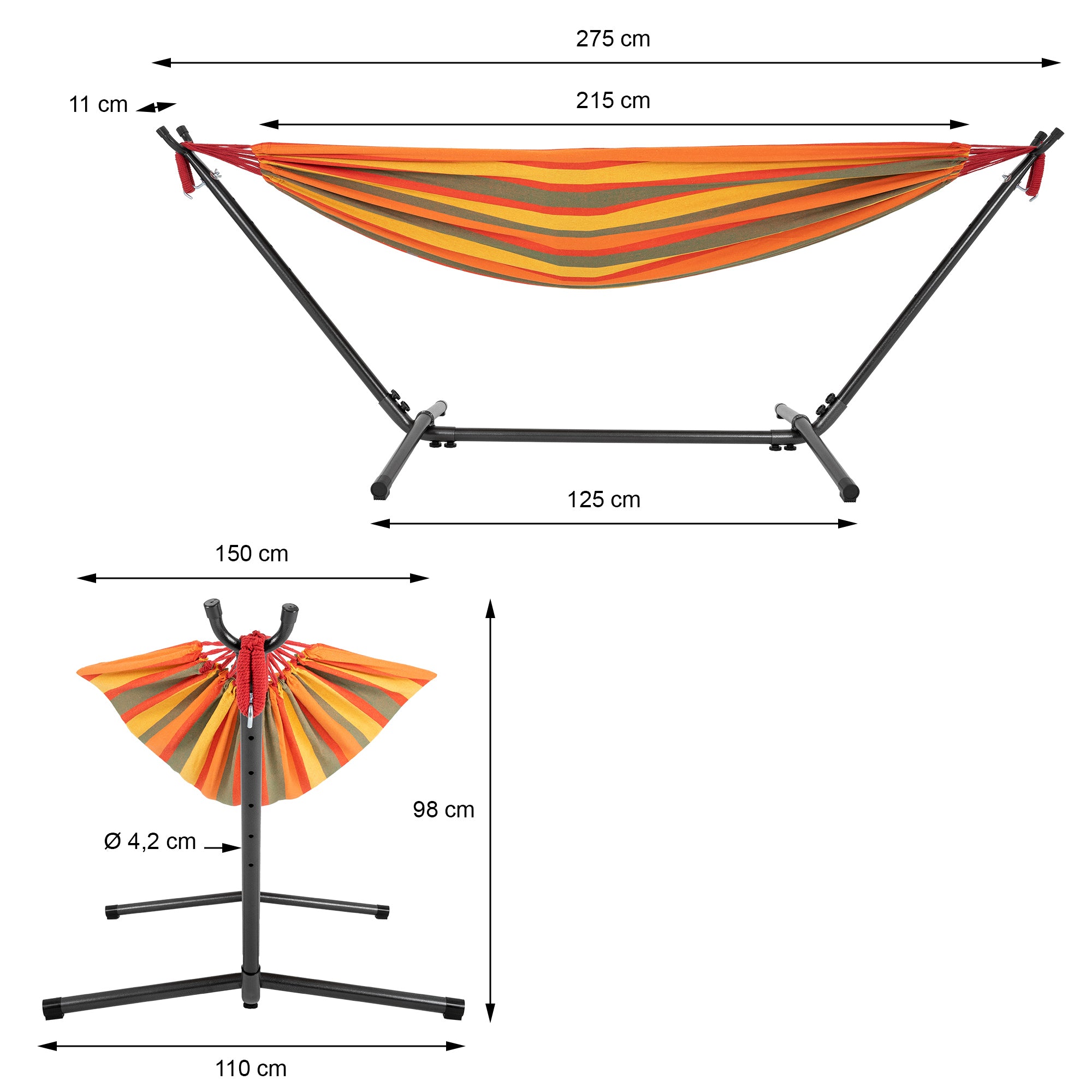 Hammock with orange-striped fabric, mounted on a frame, dimensions provided.