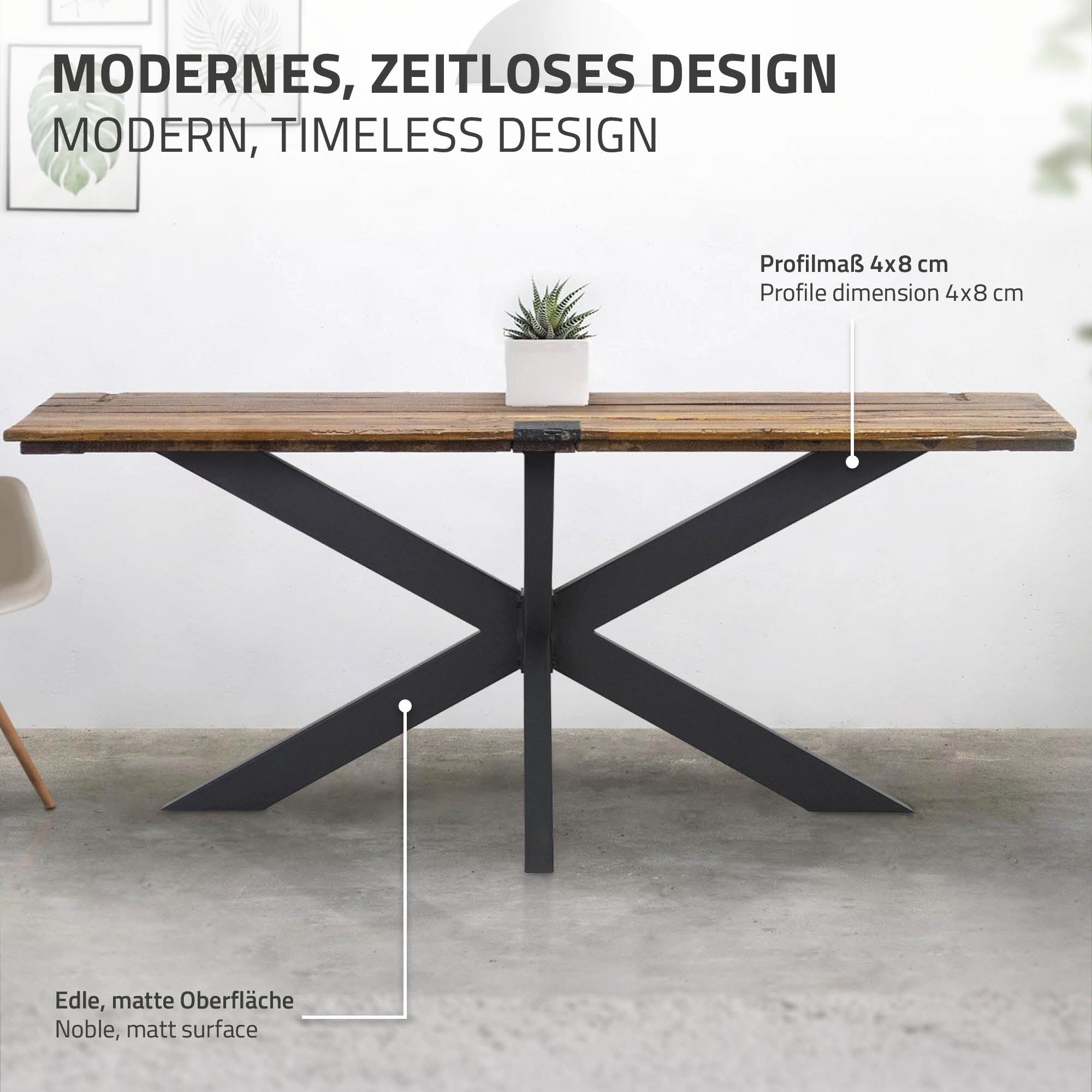 Wooden table with black X-frame, details of the construction are provided.