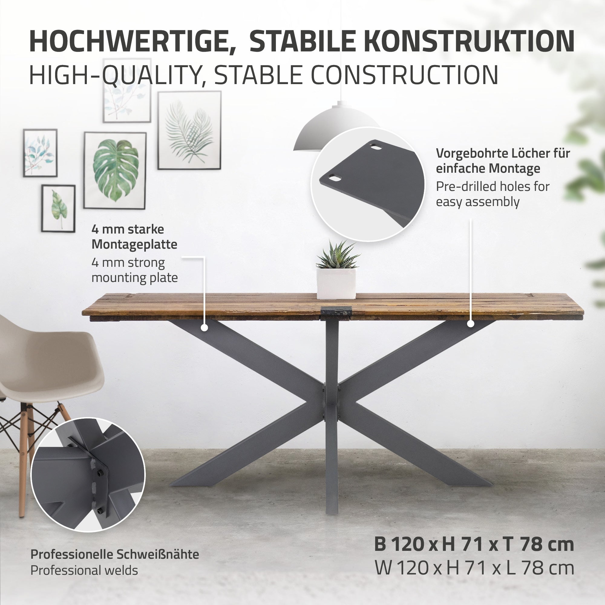 Tisch mit stabiler Konstruktion, Holzplatte und X-förmigem Metallgestell.