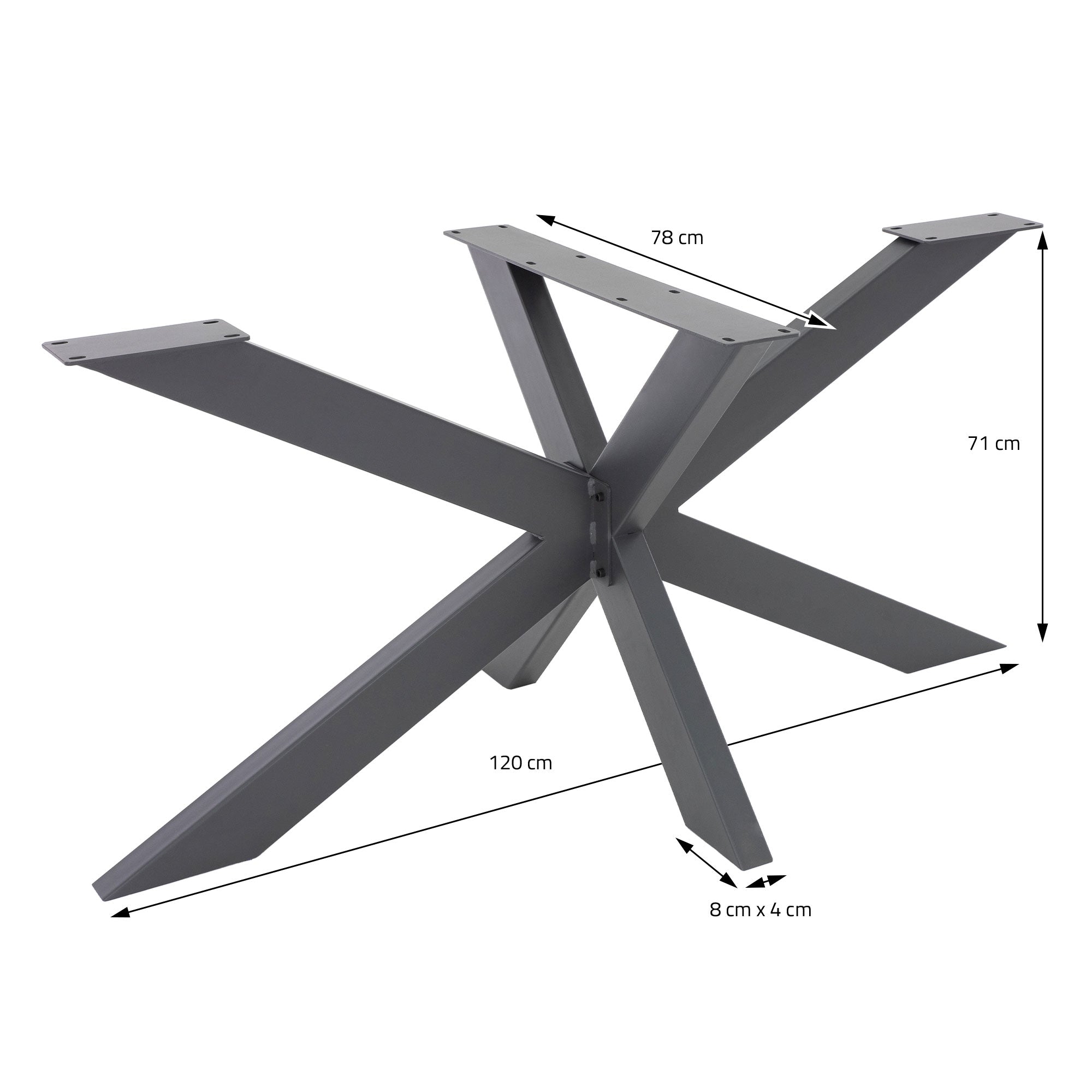 Tischgestell mit X-förmigen Beinen, Maße: 120 cm Breite, 71 cm Höhe, 8x4 cm Profil.