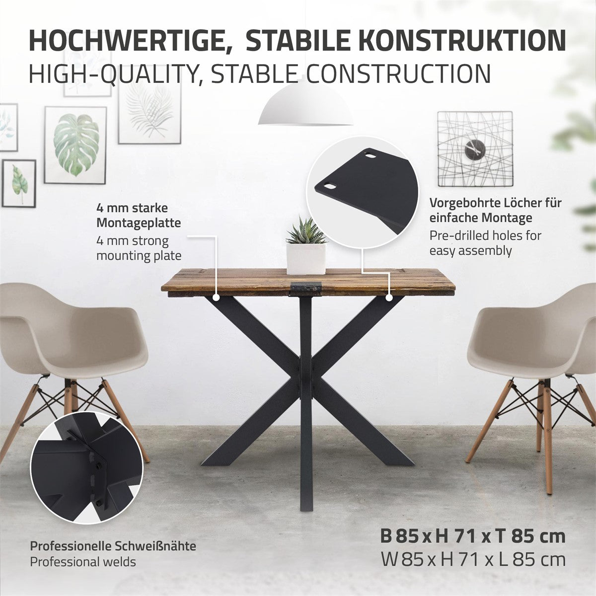 Tisch mit stabiler Konstruktion und vorgebohrten Löchern für die Montage.