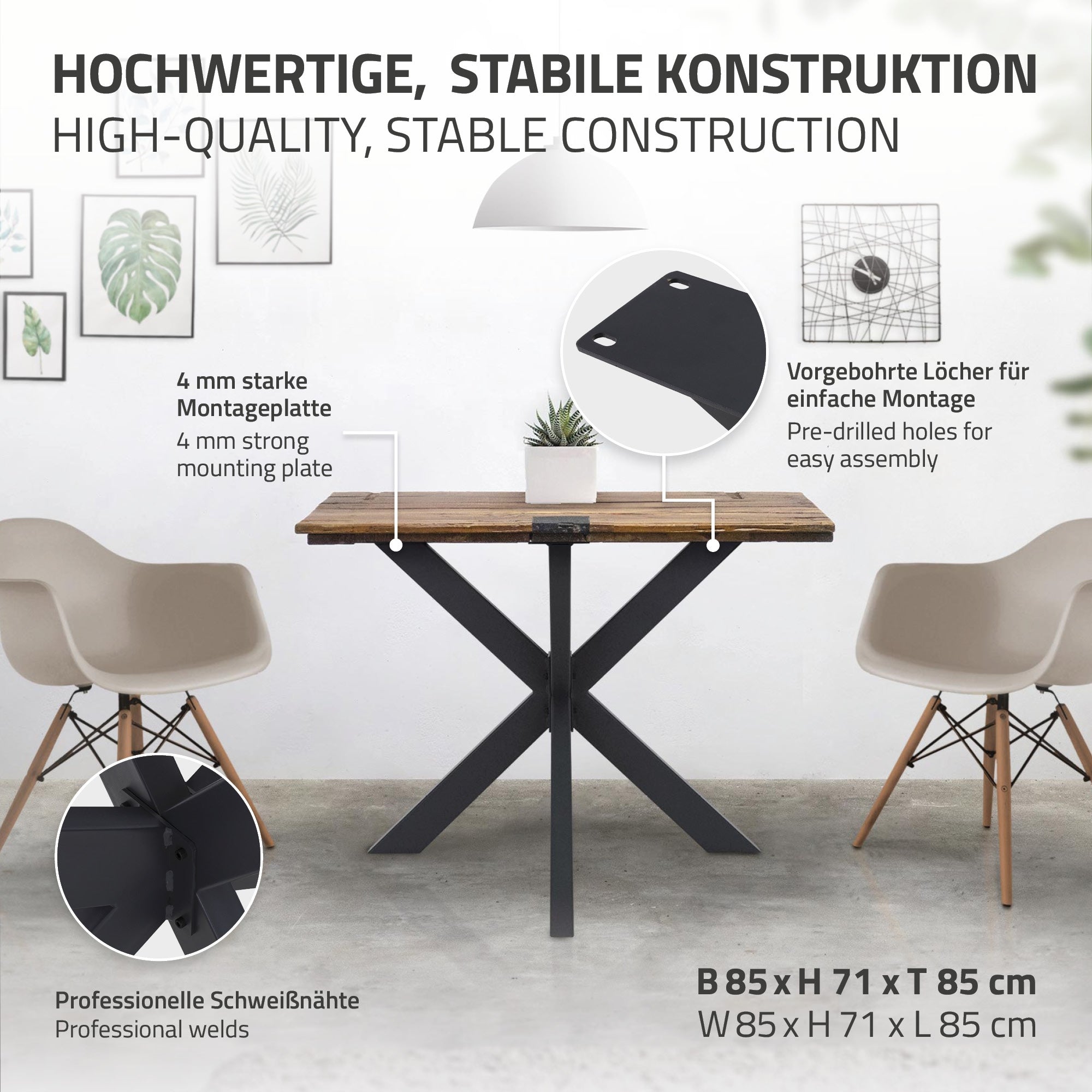 Tisch mit stabiler Konstruktion und vorgebohrten Löchern für die Montage.