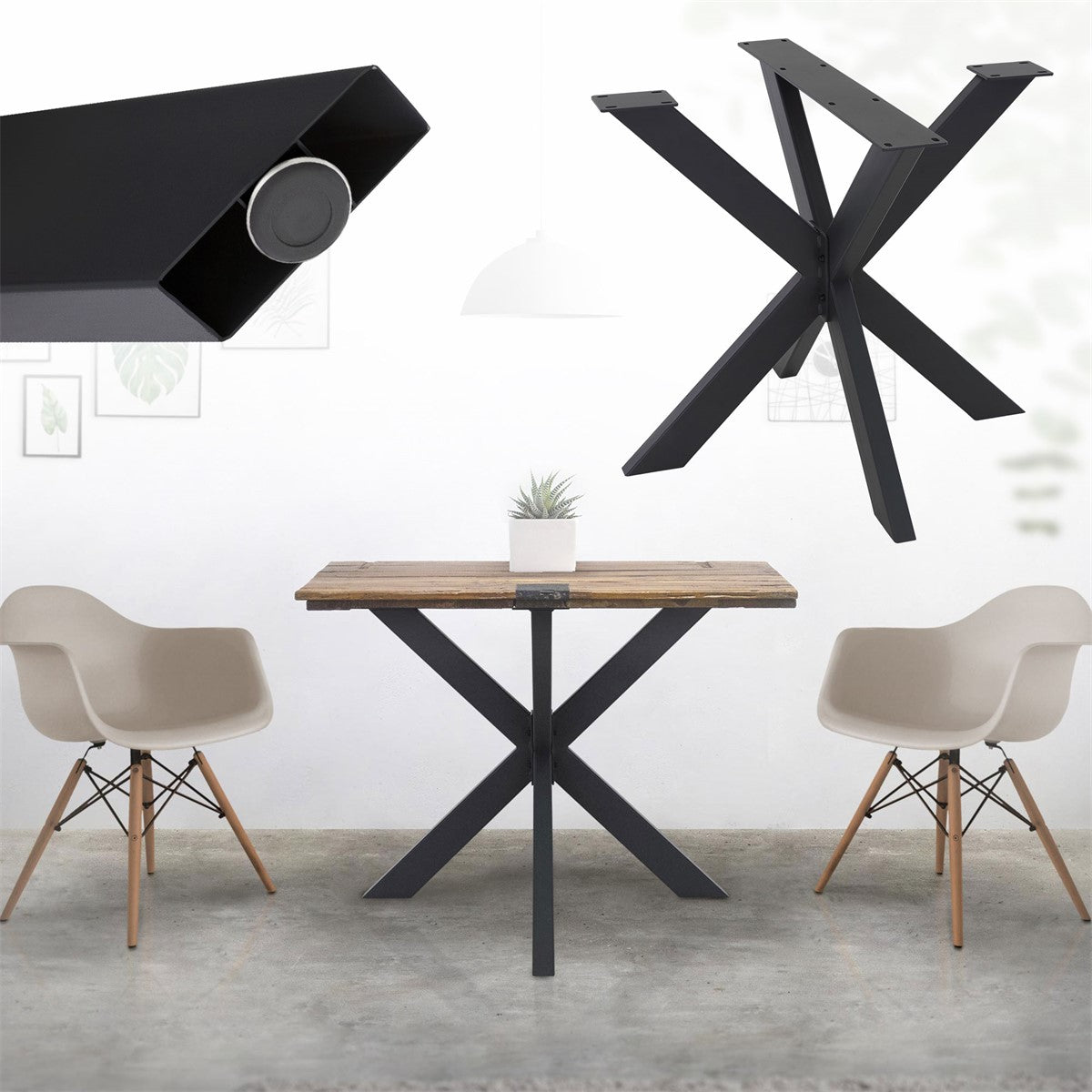 Table with an X-shaped frame and two chairs in a bright room.