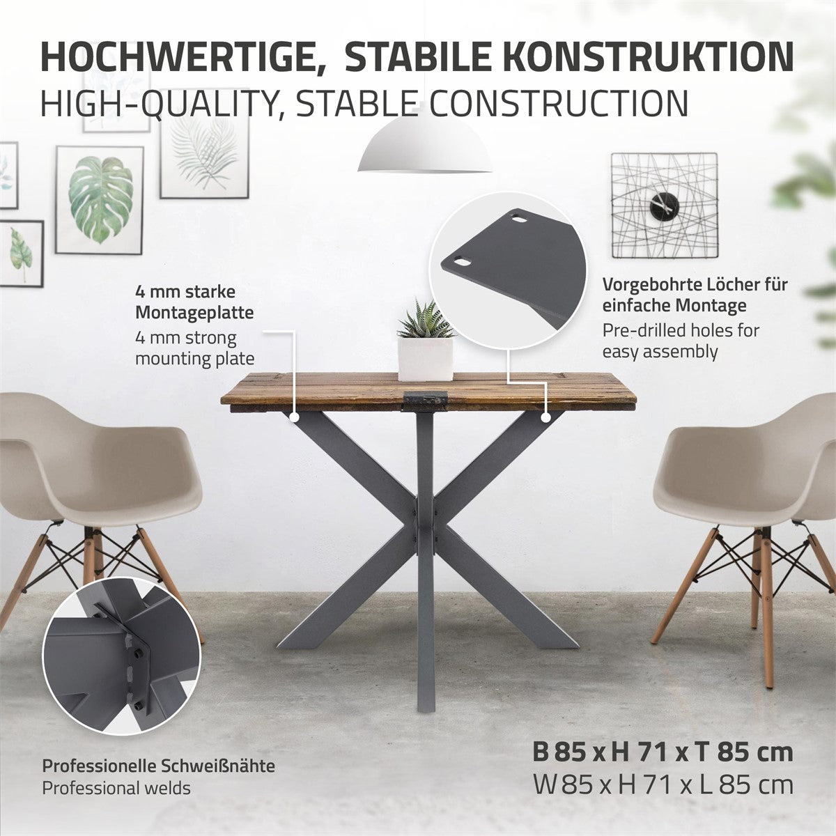 Uma mesa com estrutura robusta e placa de montagem, rodeada por duas cadeiras.