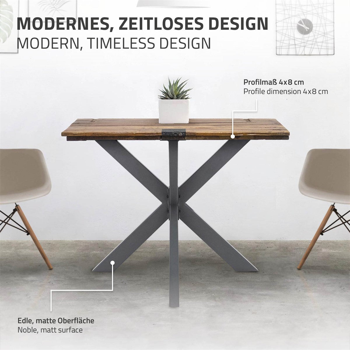 Mesa de madeira com estrutura metálica em forma de X e um elegante acabamento mate.