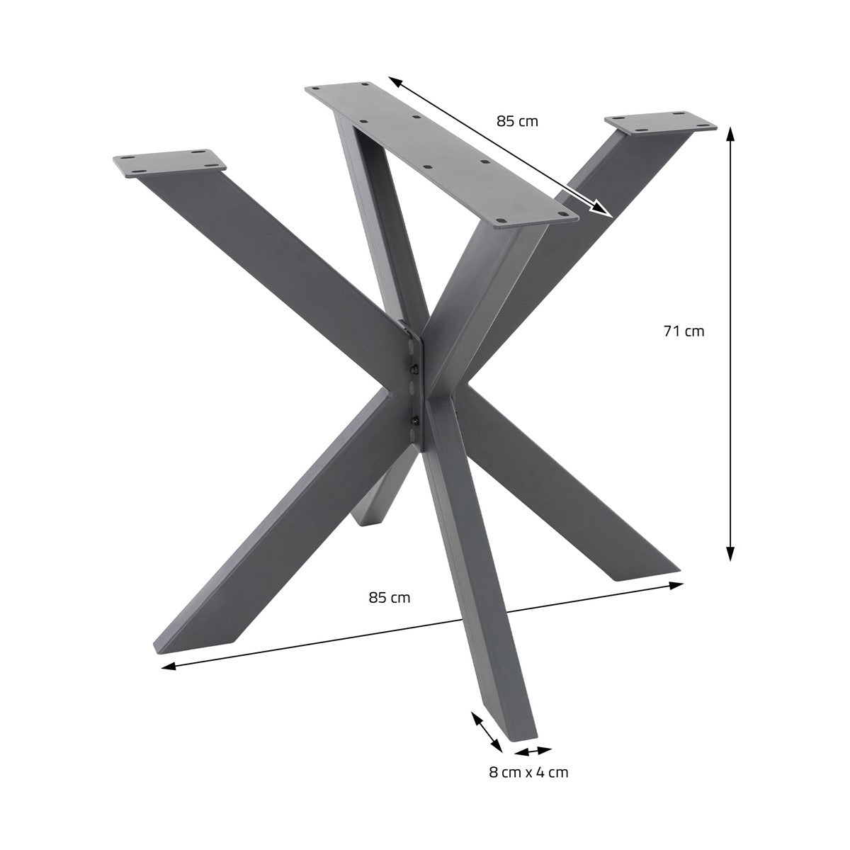 Uma estrutura de mesa com pernas em forma de X, dimensões: 85 cm x 85 cm x 71 cm.