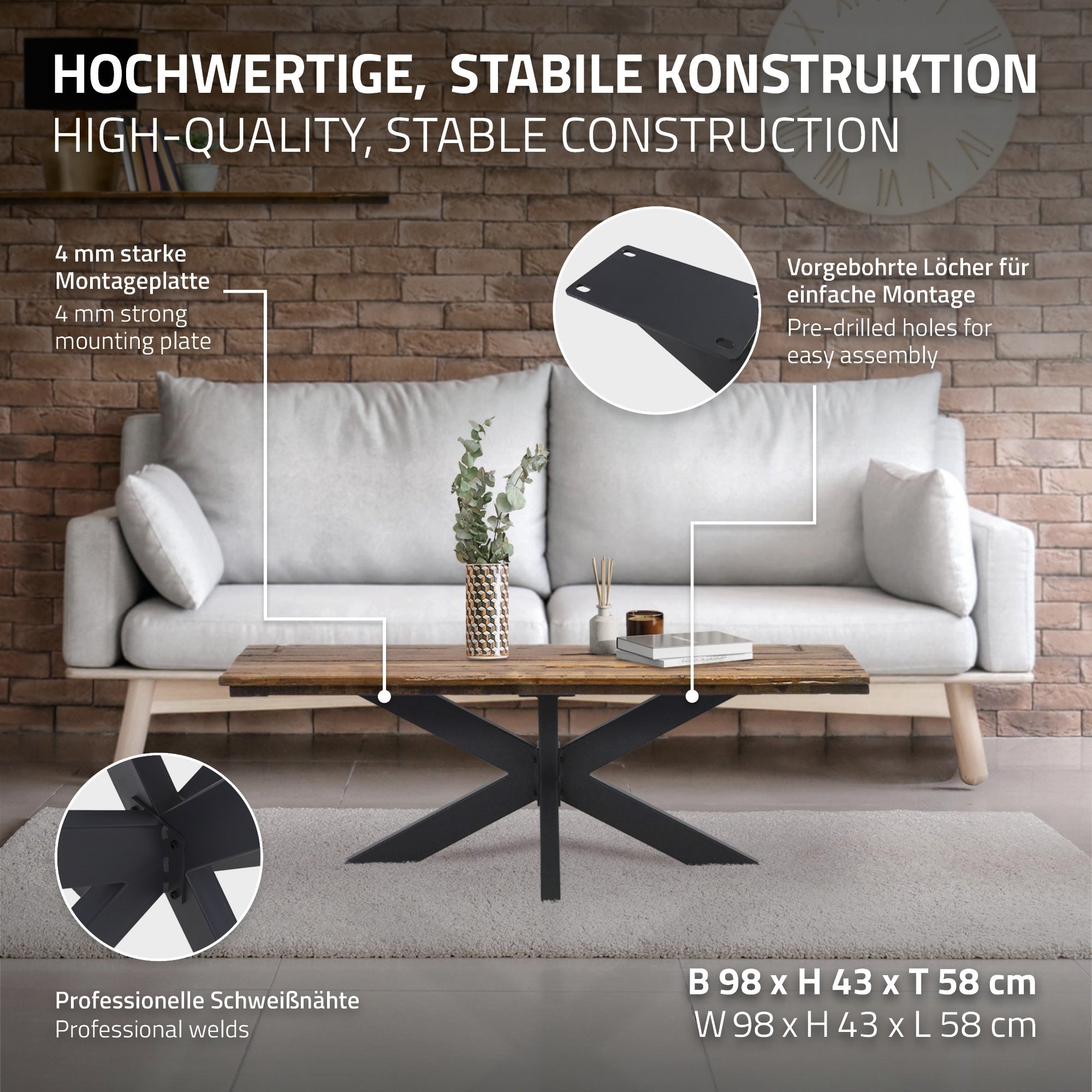 Tisch mit stabiler Konstruktion, vorgebohrte Löcher für Montage, auf einem Teppich.