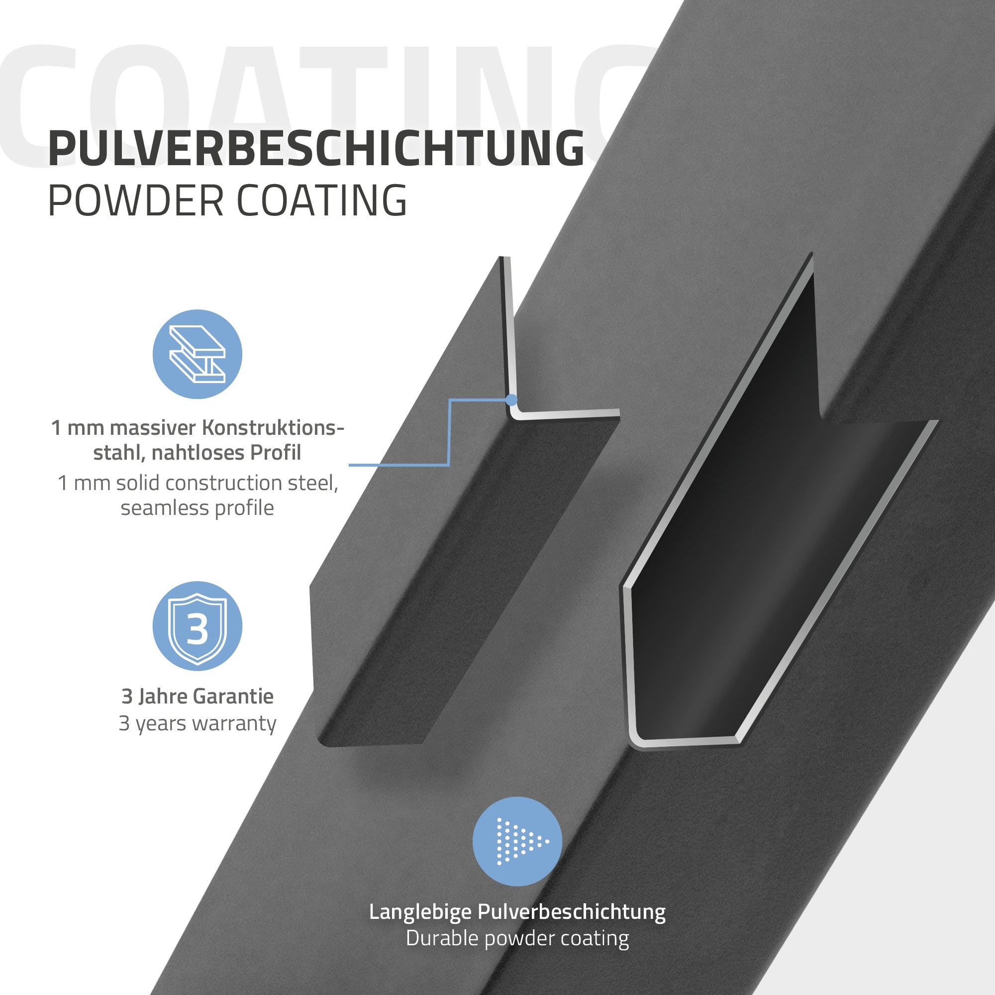 Detailansicht der Tischkonstruktion mit Pulverbeschichtung und Garantiehinweis.